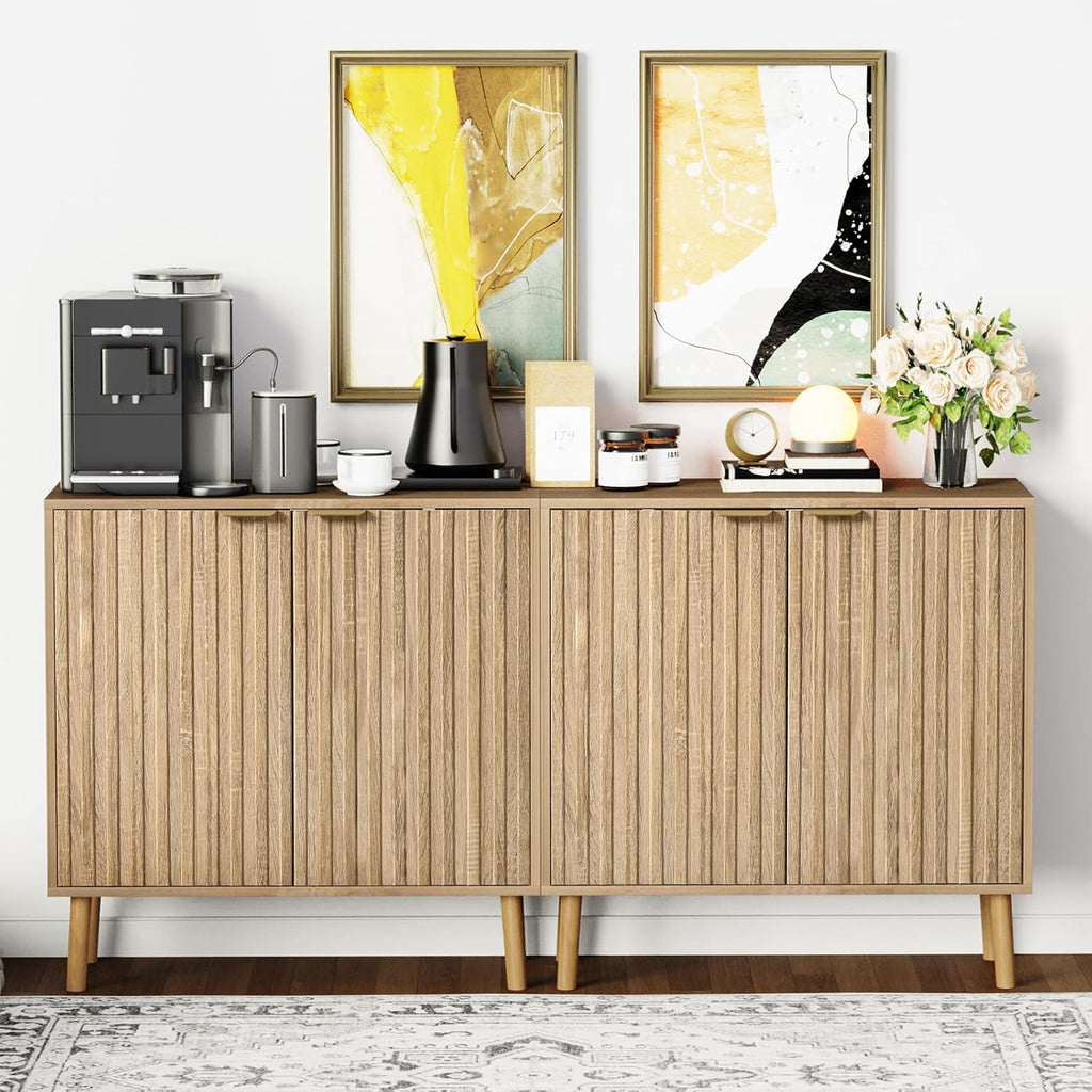Vrullu Fluted Storage Cabinet, Freestanding Buffet Cabinet with Adjustable Shelf, Wood Sideboard, Multifunctional Accent Storage for Living Room, Hallway, Entryway, Dining Room (1, Oak)