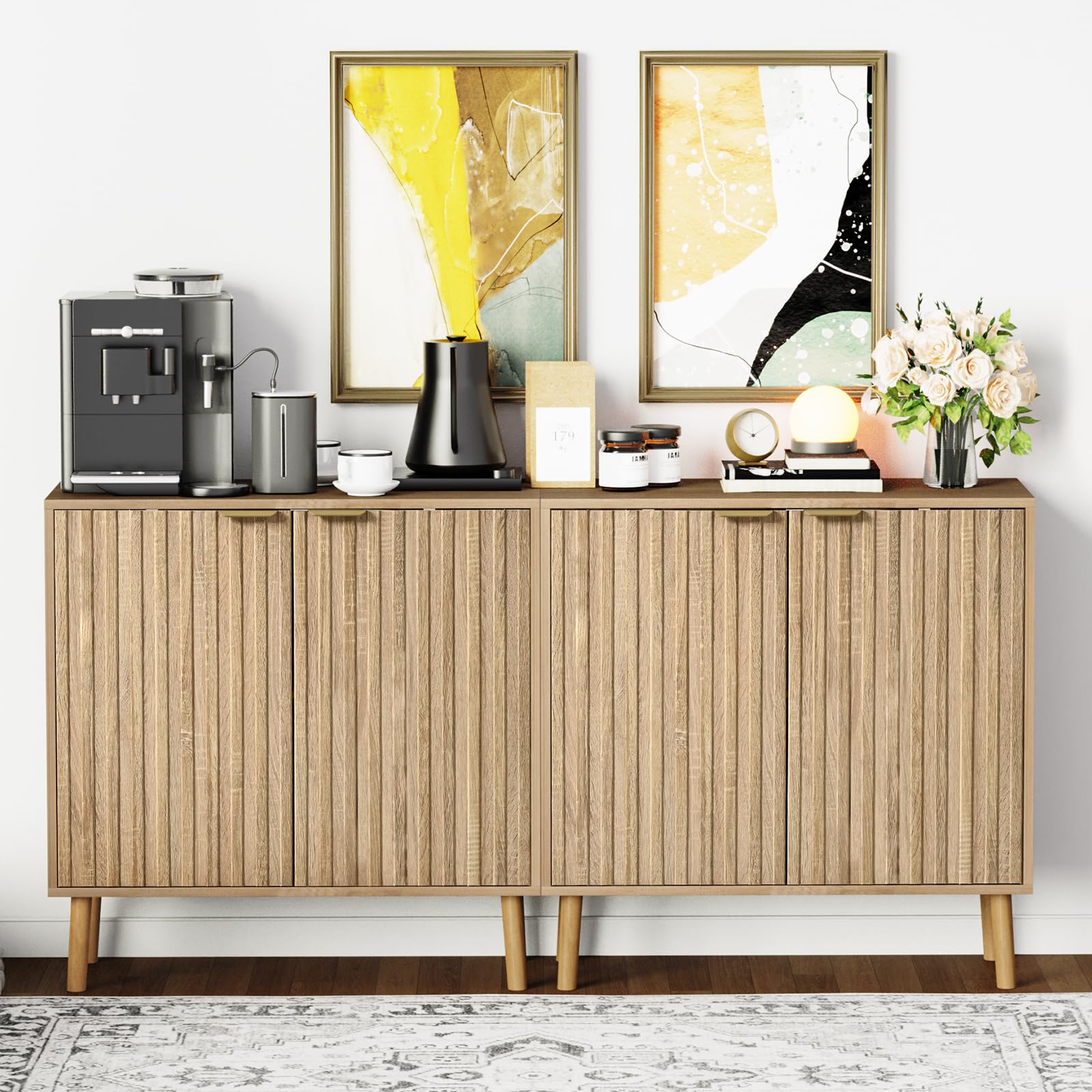 Vrullu Fluted Storage Cabinet, Freestanding Buffet Cabinet with Adjustable Shelf, Wood Sideboard, Multifunctional Accent Storage for Living Room, Hallway, Entryway, Dining Room (1, Oak)