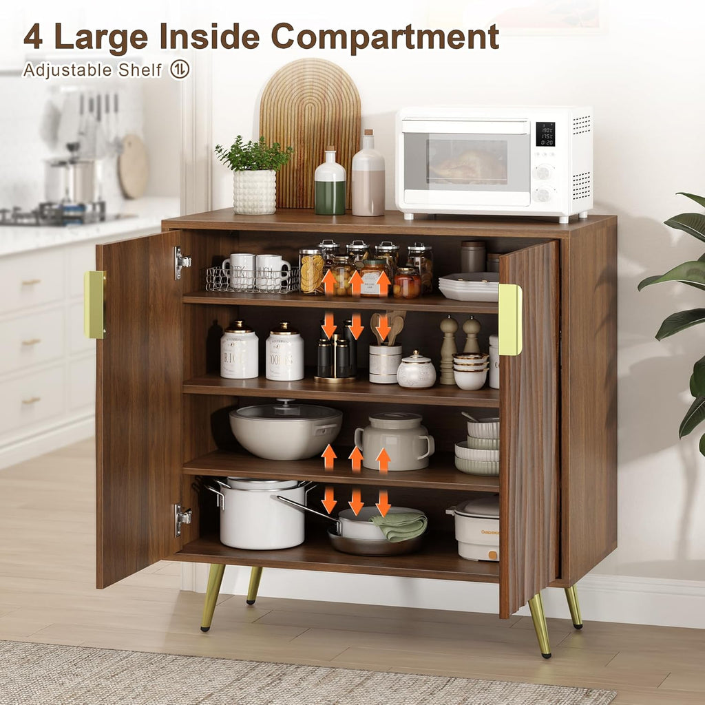 Walnut Buffet Cabinet with Fluted Doors & Adjustable Shelves for Living Room Kitchen
