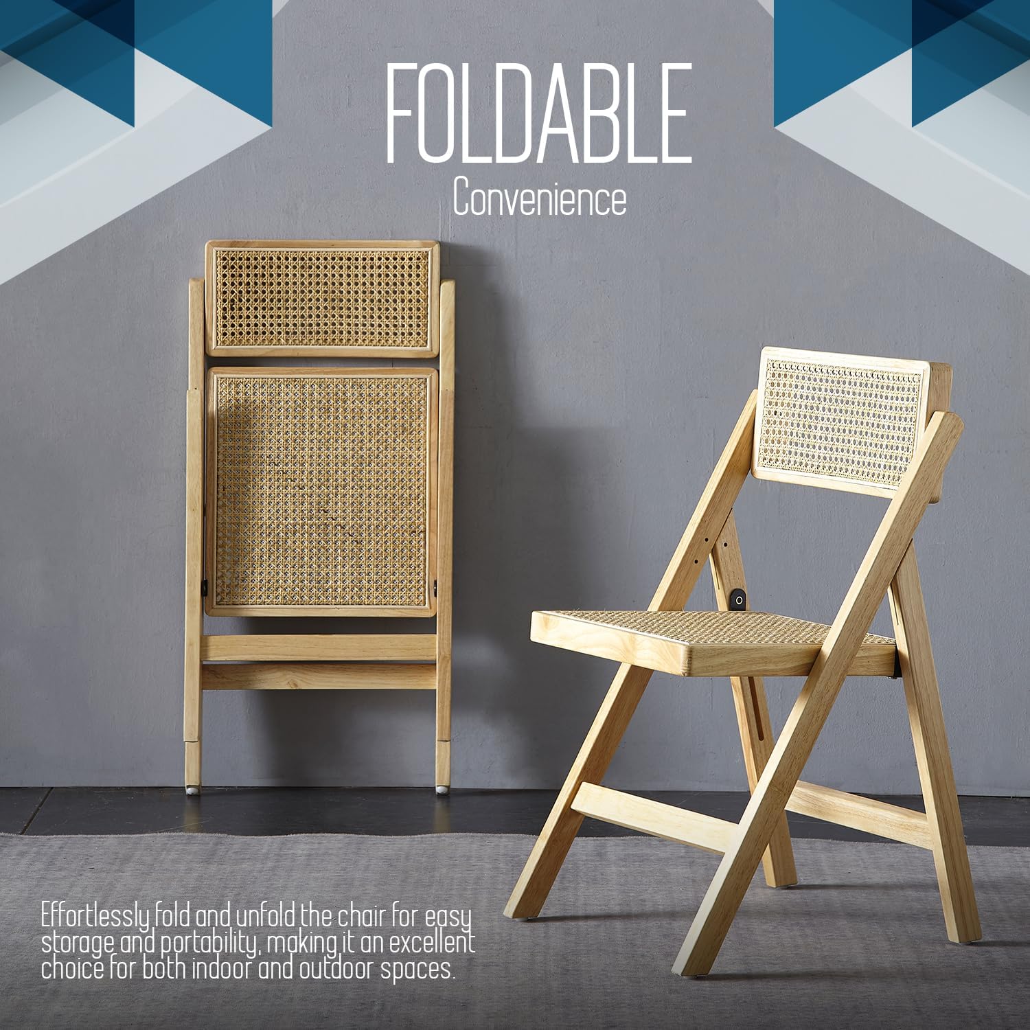 Ibiza Rattan Chair, Natural, Set of 1 – Folding Modern Rattan Chairs for Outdoor Dining, Patio, Accent Chair for Living Room and Office, Foldable Space-Saver Design