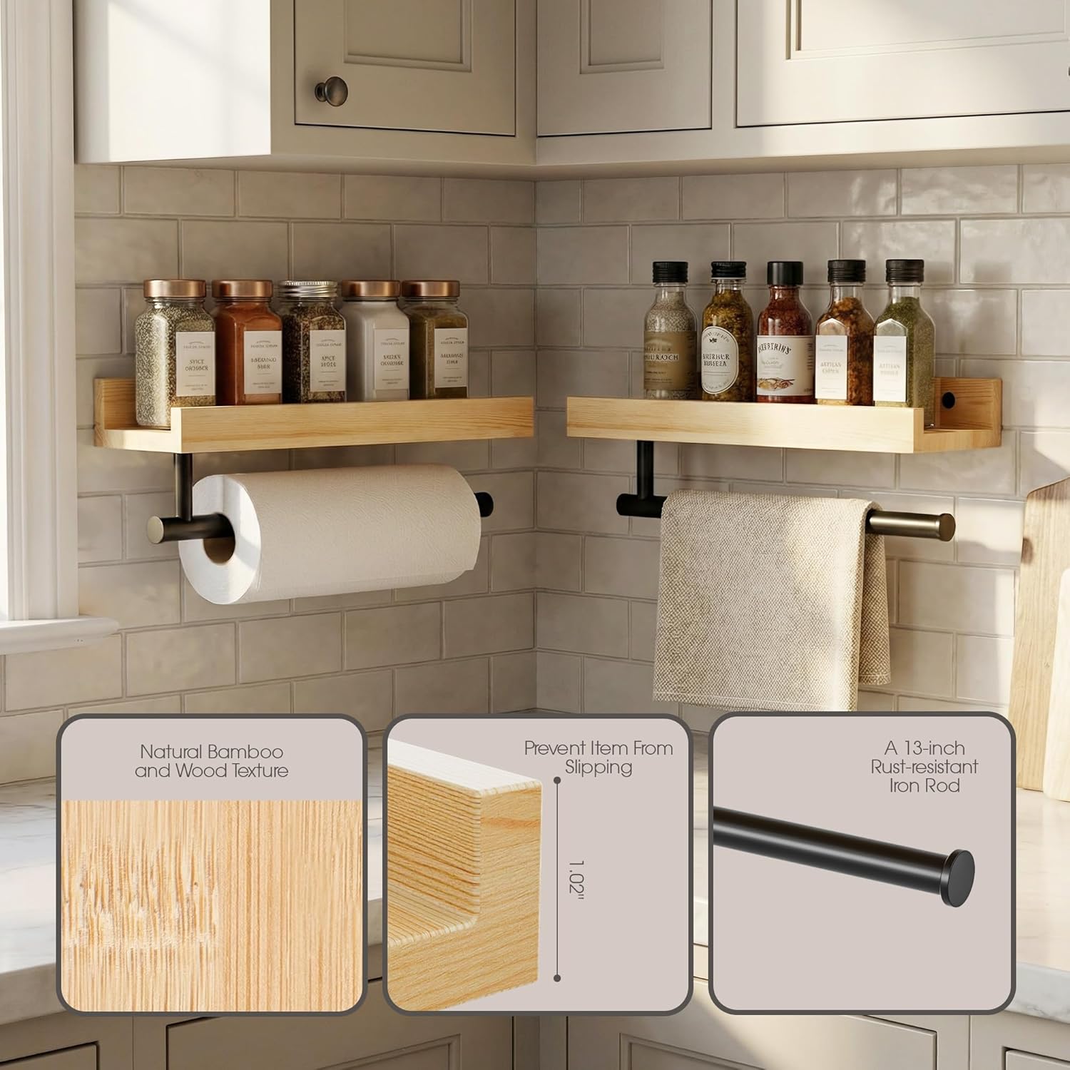 LAMU Paper Towel Holder Wall Mount with Shelf, Bamboo Tissue Paper Spice Rack, 13 inch Hanging Roll Holder for Kitchen, Bathroom, Garage, Toilet, Laundry Room, 2 Pack
