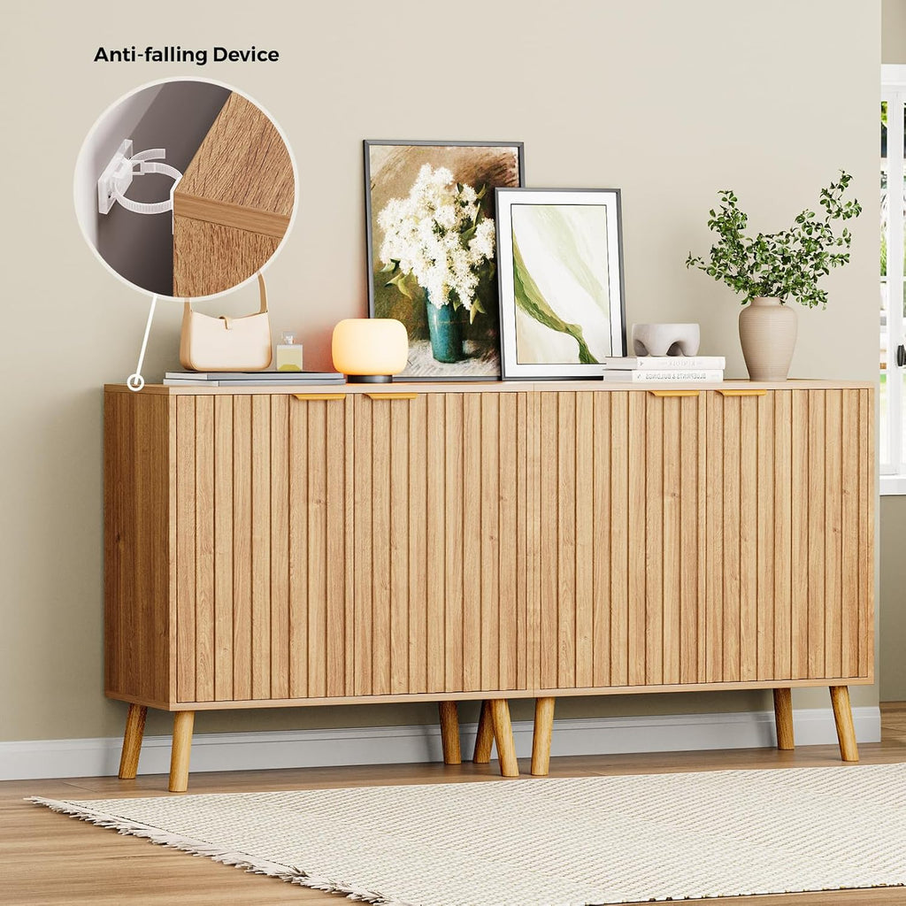 Fluted Storage Cabinet, Buffet Cabinet with Storage, Wood Sideboard with Adjustable Shelf, Modern Accent Cabinet & Console Table for Entryway, Living Room, Dining Room, Natural