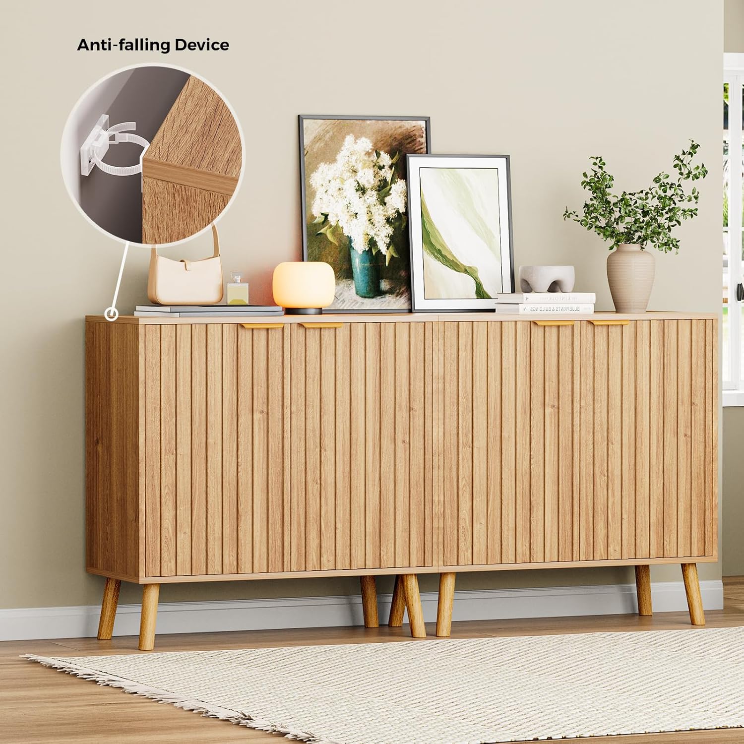 Fluted Storage Cabinet, Buffet Cabinet with Storage, Wood Sideboard with Adjustable Shelf, Modern Accent Cabinet & Console Table for Entryway, Living Room, Dining Room, Natural