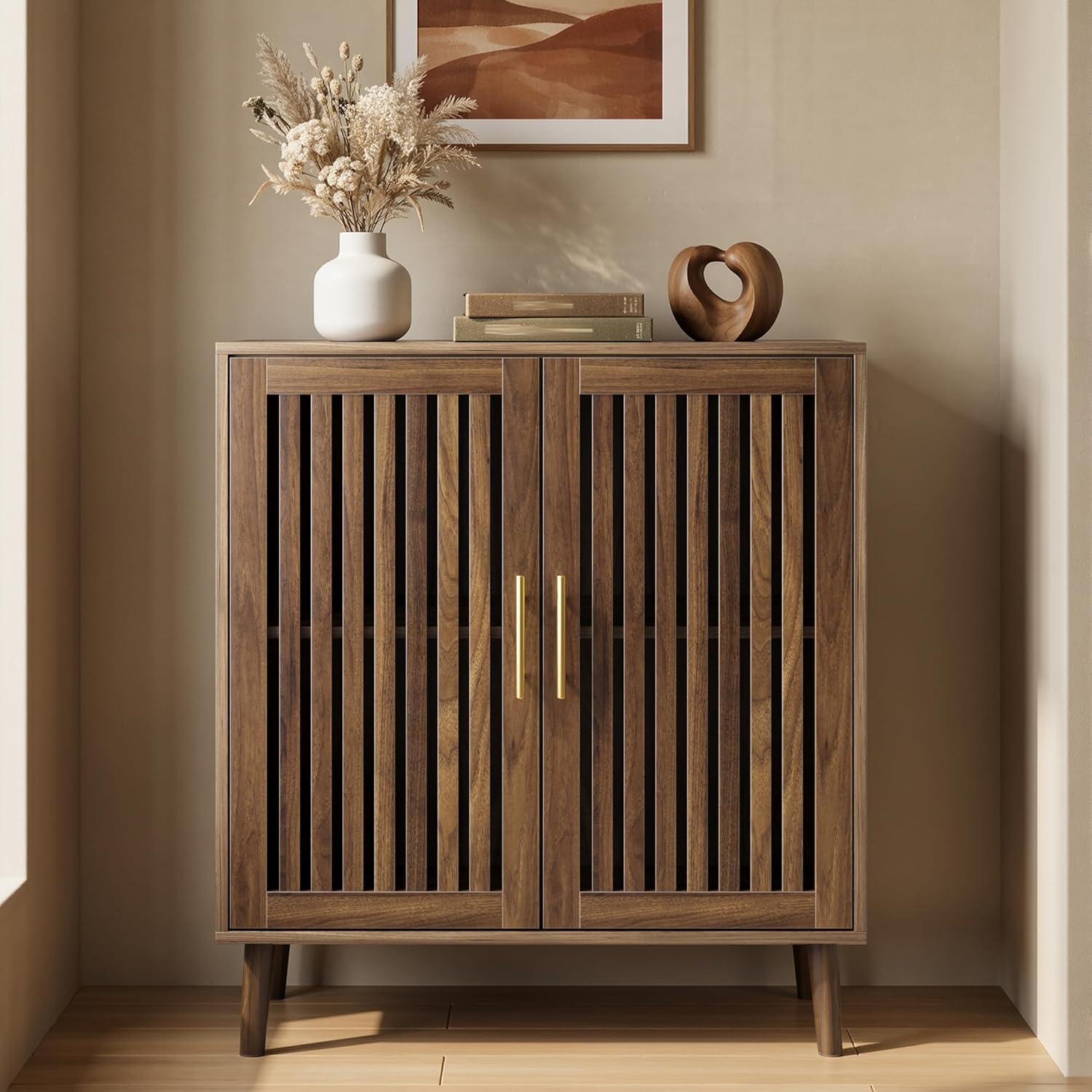 Smart FENDEE Sideboard Cabinet, 31.5" W Farmhouse Buffet Cabinet with Slatted Doors & Adjustable Shelf, Wood Coffee Bar Storage Station for Kitchen, Dining Room, Living Room, Entryway, Walnut Color