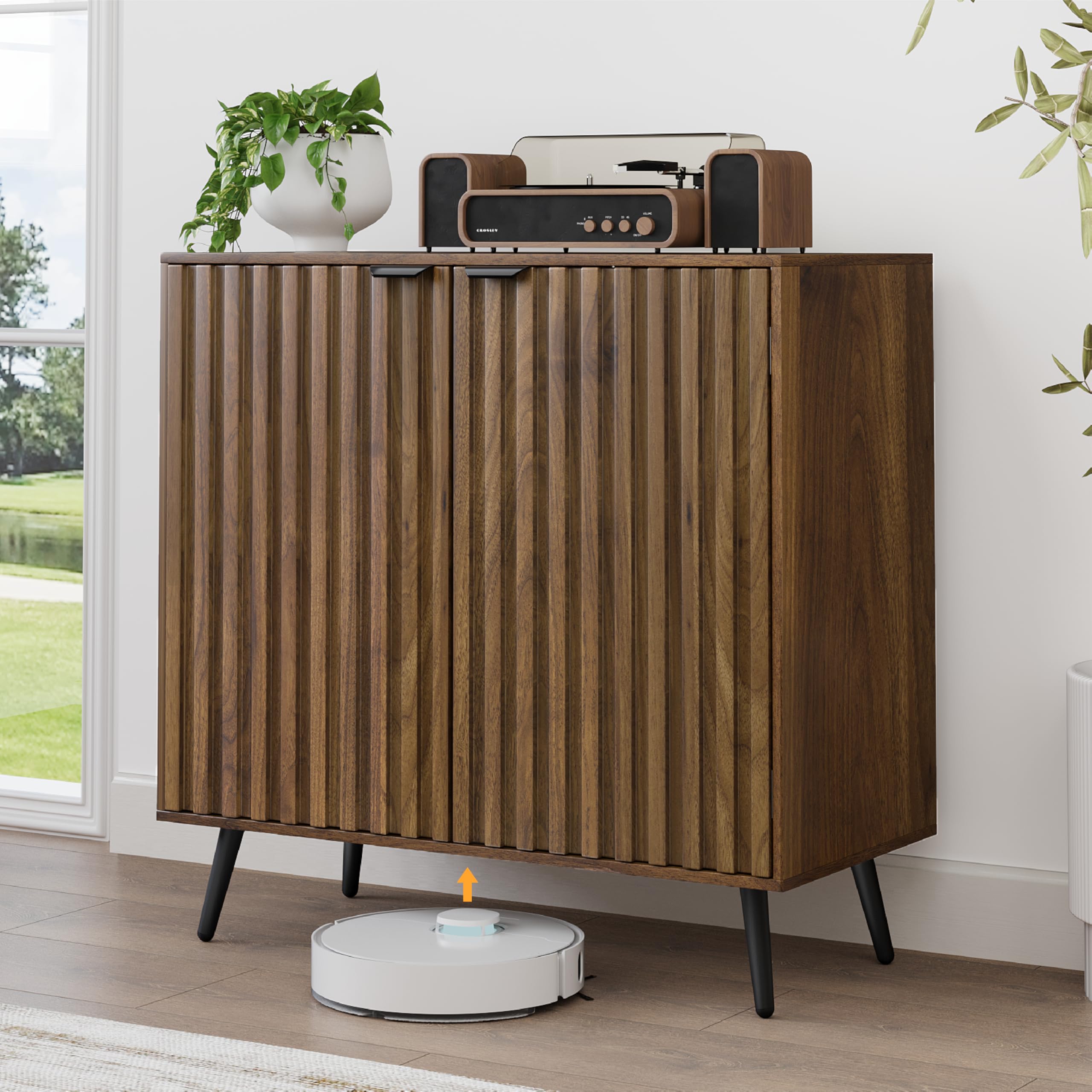 Smuxee Fluted Sideboard Cabinet, Freestanding Walnut Buffet Cabinet with Adjustable Shelf, Wood Storage Cabinet for Living Room, Entryway, Hallway