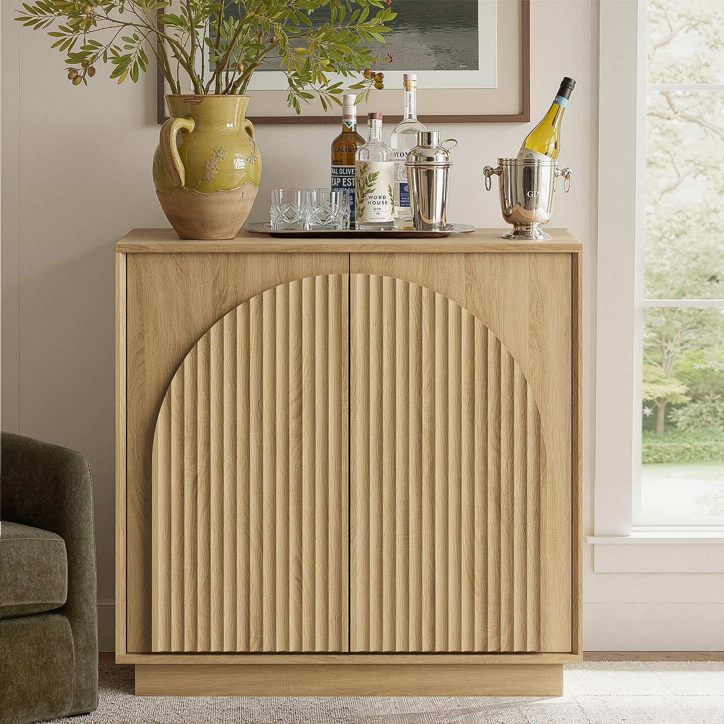win2win Fluted Sideboard Buffet Cabinet with Storage,31.5" Mid Century Modern Accent Cabinet with Double-Layered Arch Door,Small Wood Console Credenza for Dining Living Room Hallway,Walnut,1PCS