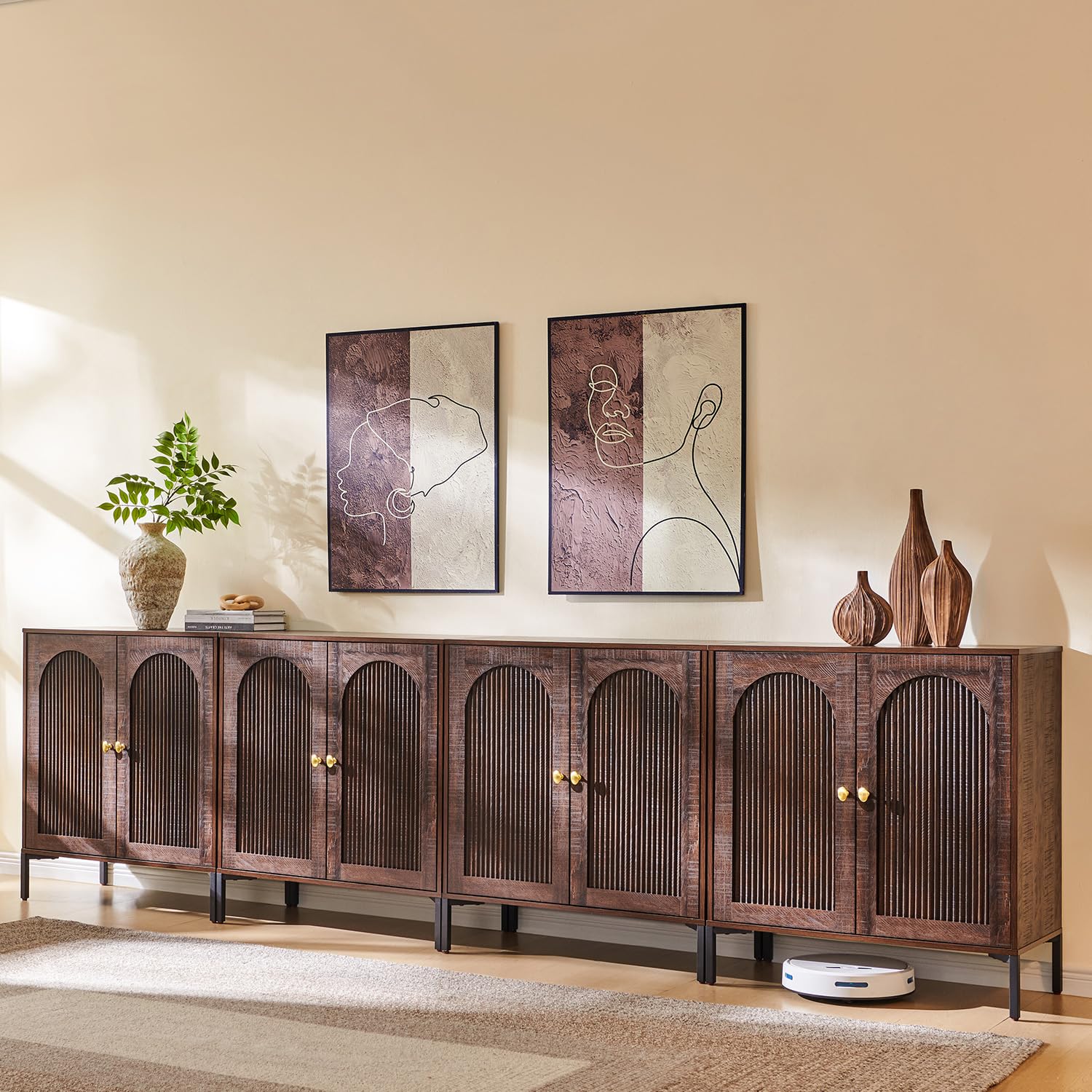IFBUY Modern Sideboard Buffet Cabinet, 34" Tall Fluted Arched Buffet Cabinet with Storage and Adjustable Shelves, Wooden Modular Coffee Bar Cabinets for Kitchen, Entryway, Natural