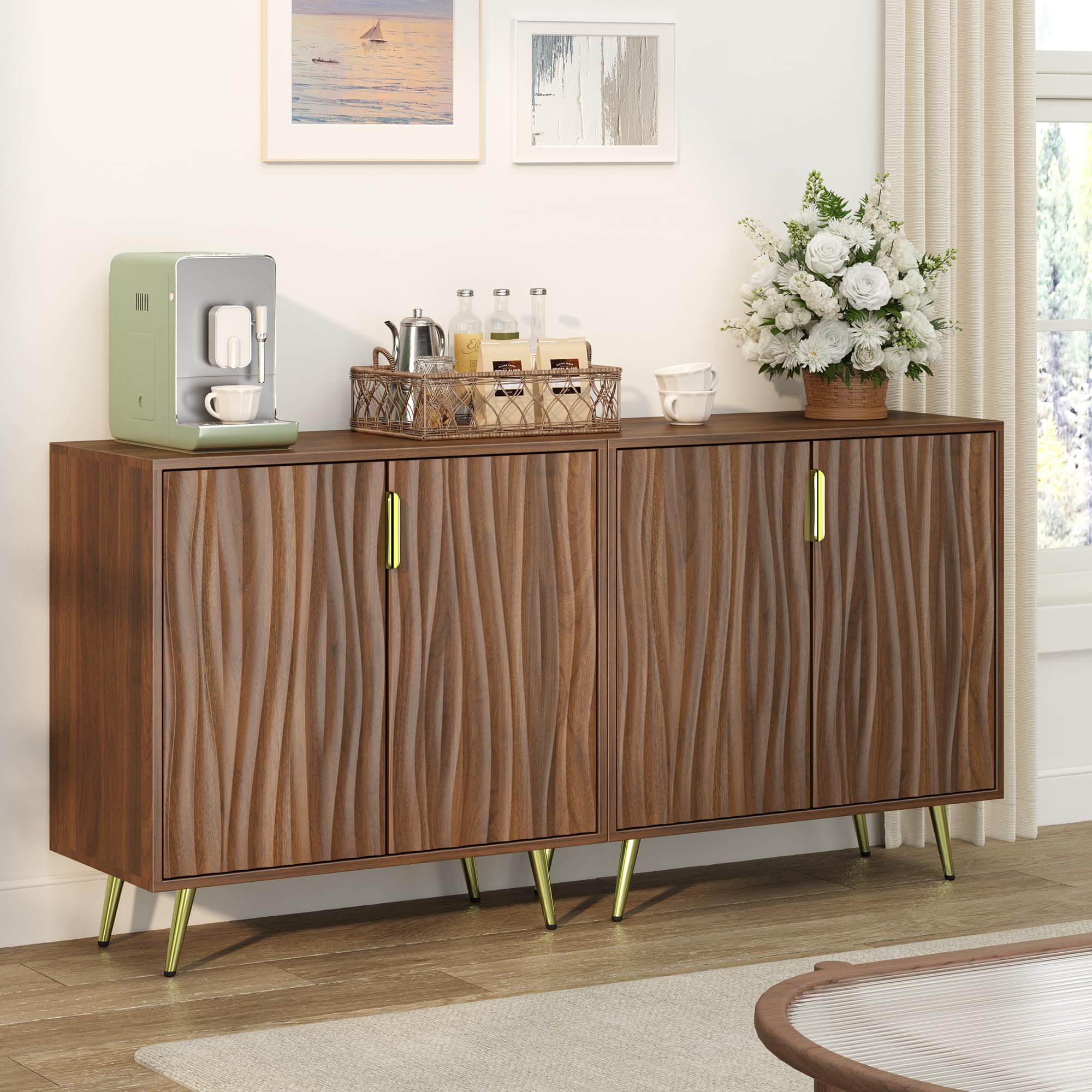 Walnut Buffet Cabinet with Fluted Doors & Adjustable Shelves for Living Room Kitchen