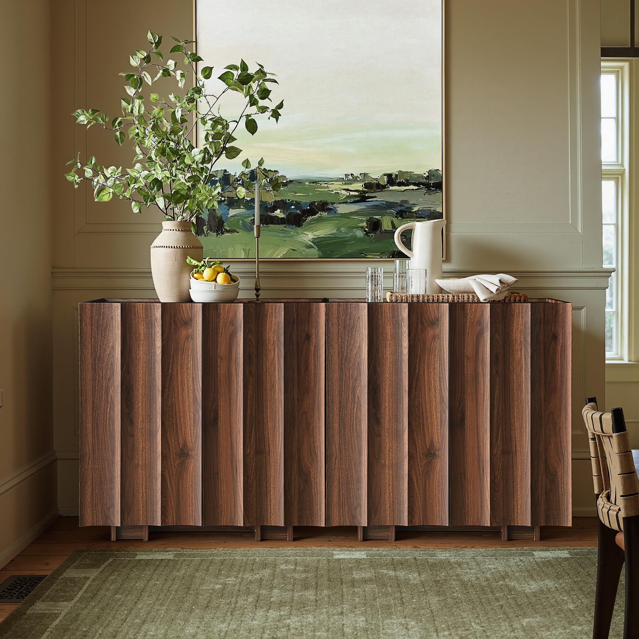 win2win Fluted Sideboard Buffet Cabinet with Storage,31.5" Mid Century Modern Accent Cabinet with Double-Layered Arch Door,Small Wood Console Credenza for Dining Living Room Hallway,Walnut,1PCS