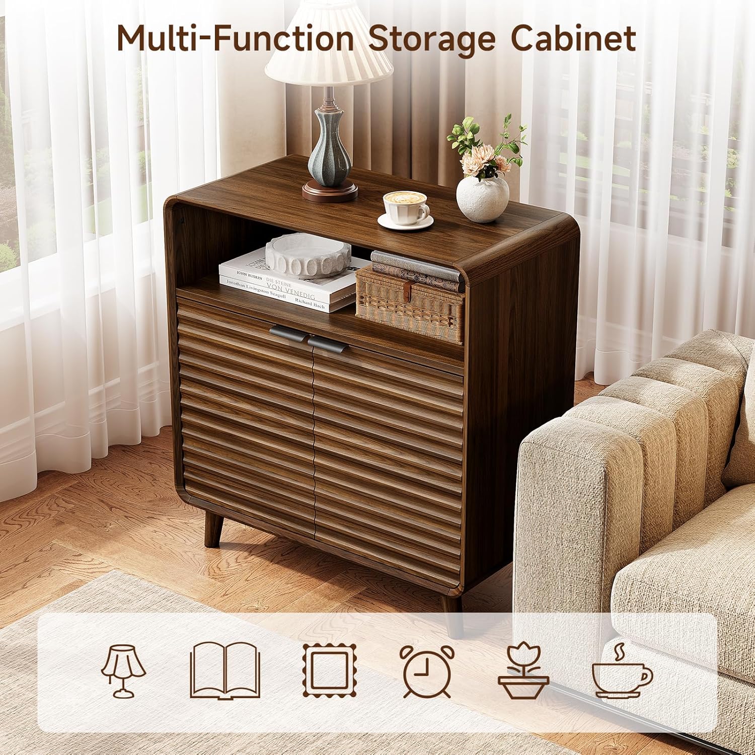 31.5" Sideboard Buffet Cabinet with Storage, Curved Sideboard with 2 Wave Doors and Angled Side Frame, Small Storage Cabinet with Adjustable Shelves, Coffee Bar Cabinet for Living Room, Walnut