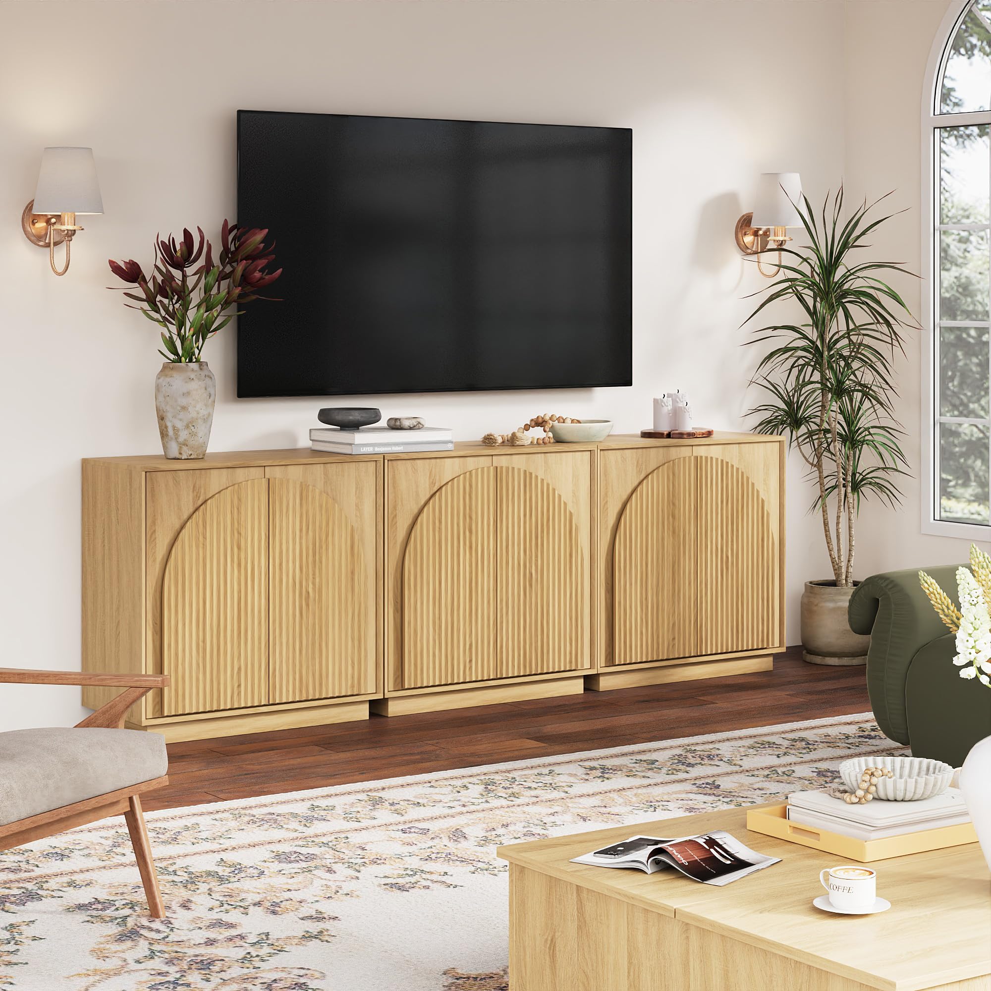win2win Fluted Sideboard Buffet Cabinet with Storage,31.5" Mid Century Modern Accent Cabinet with Double-Layered Arch Door,Small Wood Console Credenza for Dining Living Room Hallway,Walnut,1PCS