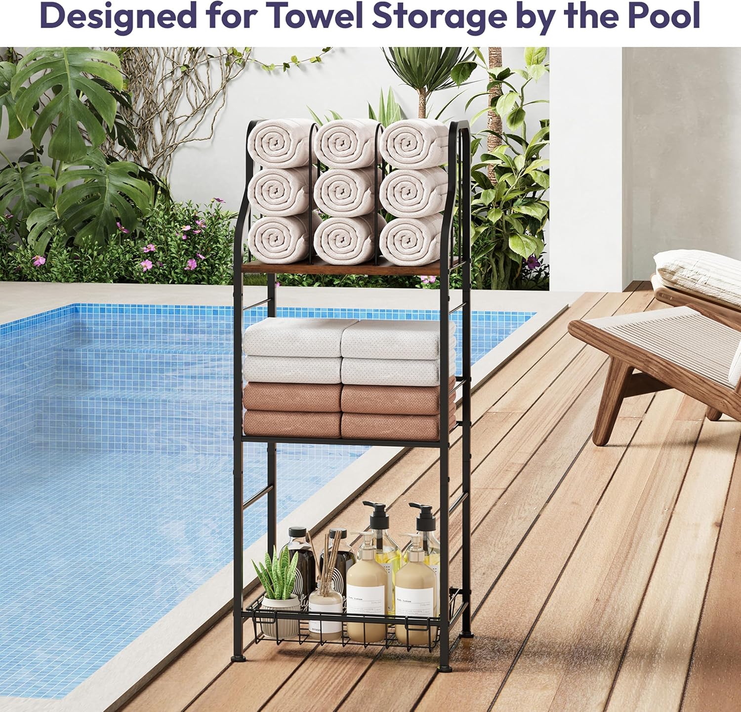 SWTYMIKI Free Standing Towel Rack - 3 Tier M-Shaped Detachable Dividers Towel Shelf for Bathroom, Durable Metal Pool Towel Holder, Modern Space-Saving Bath Towel Storage Organizer