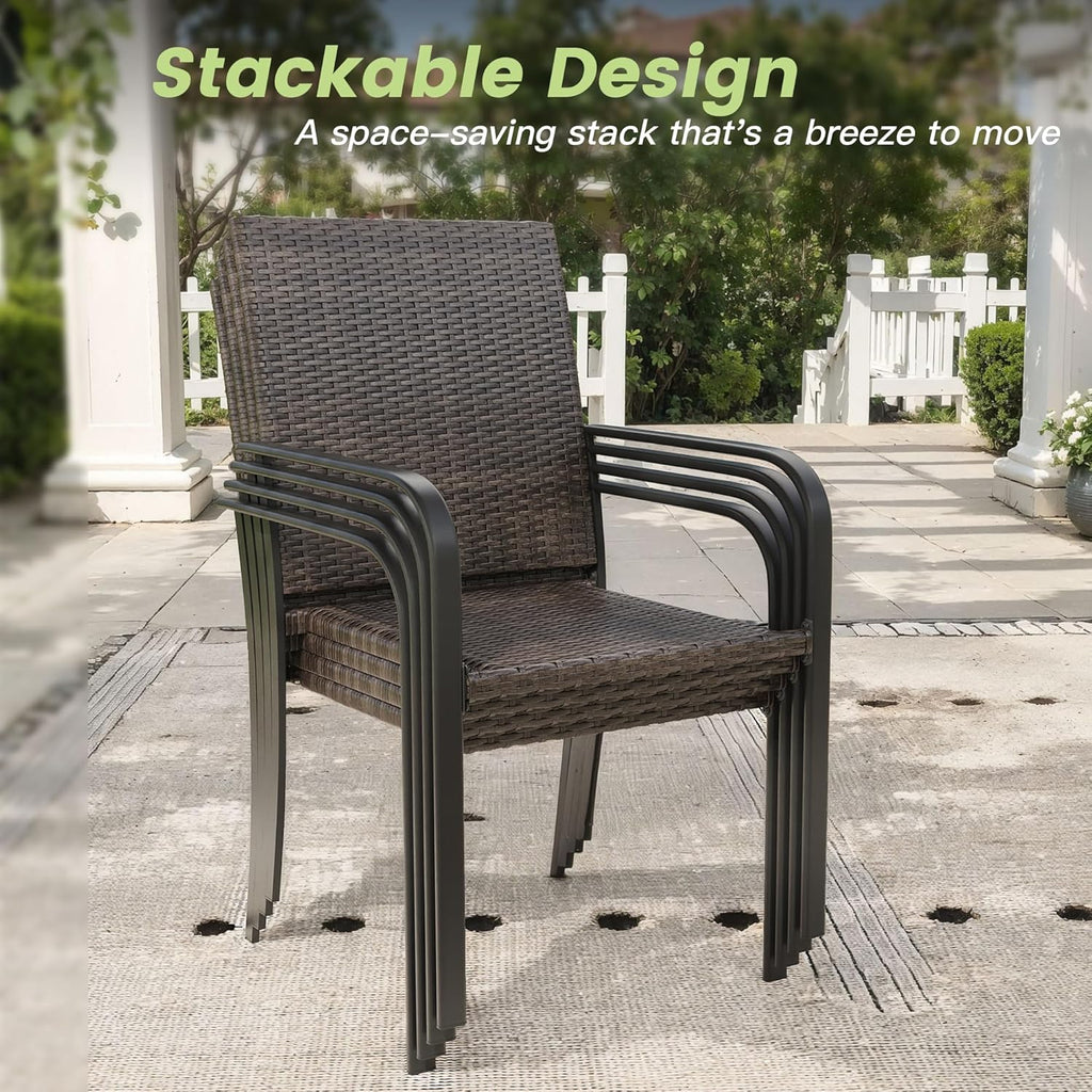 Patio Dining Chair Set of 2, Stackable Outdoor Wicker Chairs with Curved Armrest for Front Porch, Garden, Backyard, Walnut