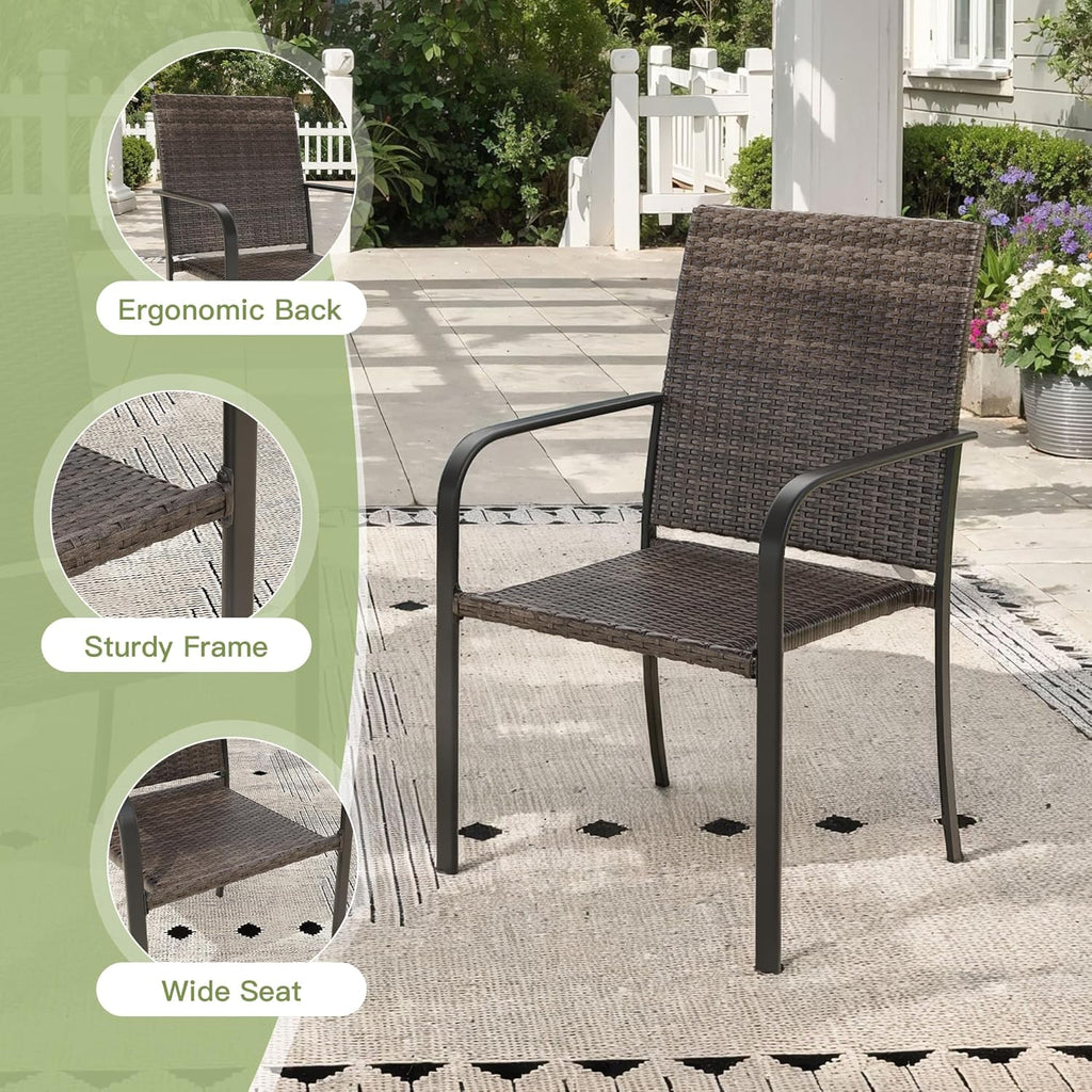 Patio Dining Chair Set of 2, Stackable Outdoor Wicker Chairs with Curved Armrest for Front Porch, Garden, Backyard, Walnut