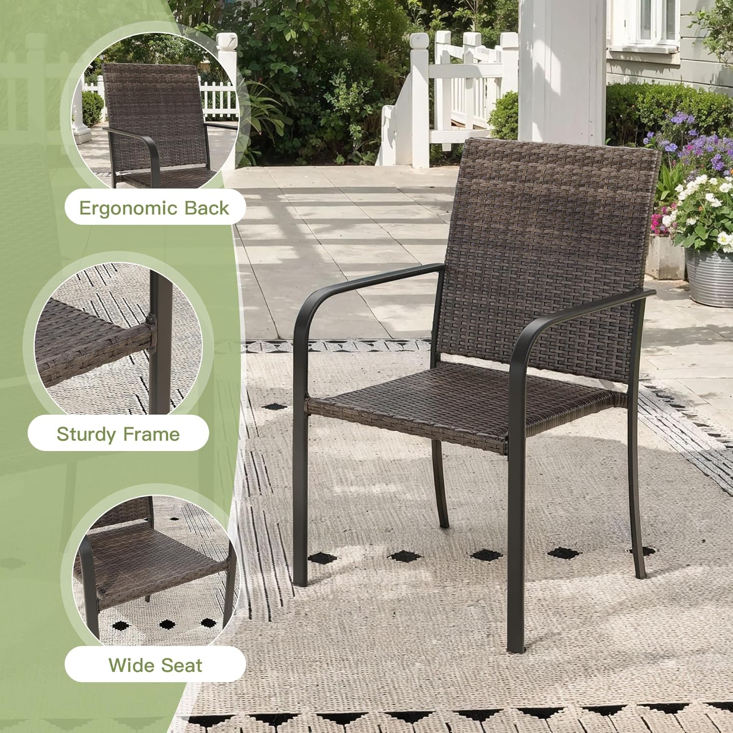 Patio Dining Chair Set of 2, Stackable Outdoor Wicker Chairs with Curved Armrest for Front Porch, Garden, Backyard, Walnut