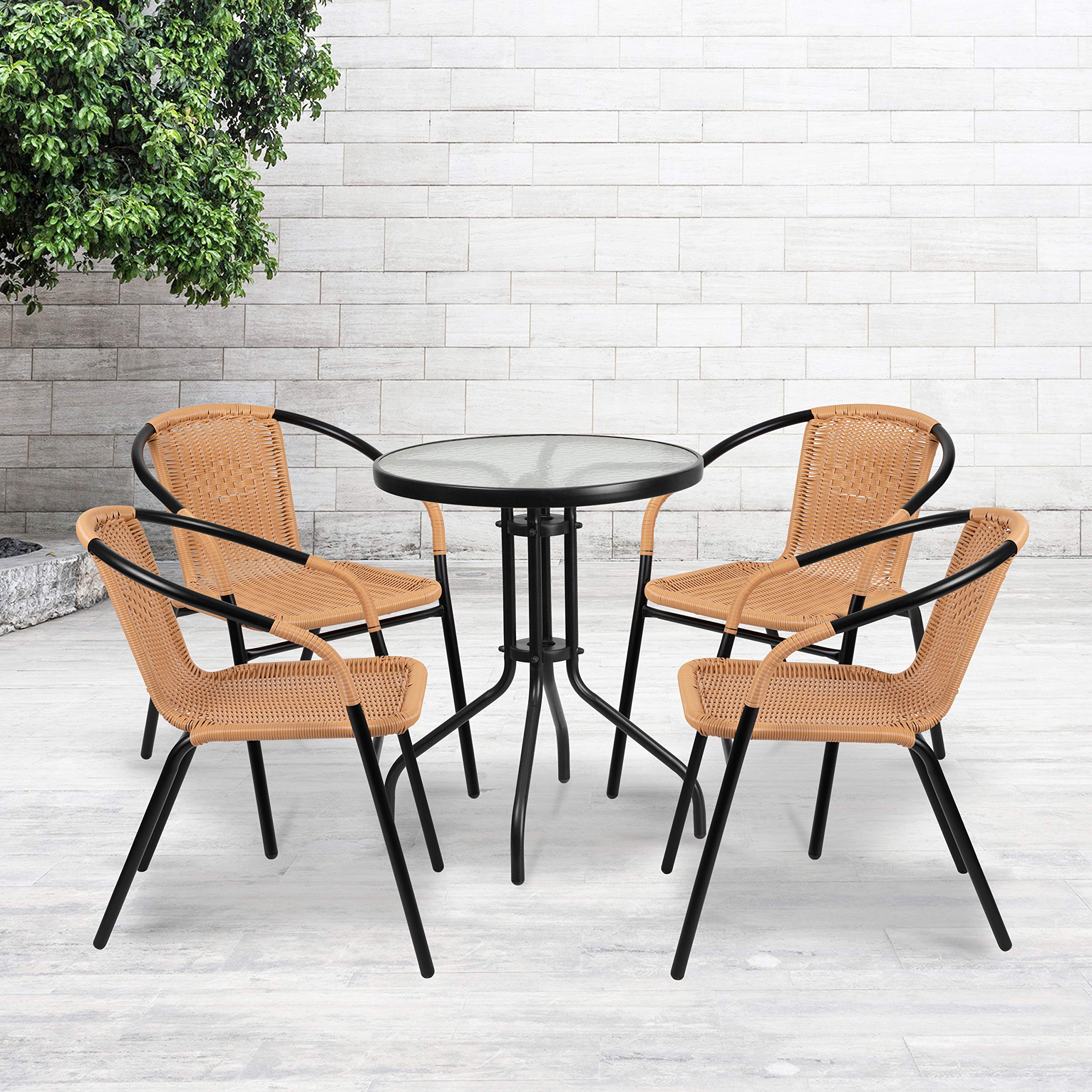 EMMA + OLIVER Set of 2 Modern PE Rattan Stack Chairs, Indoor/Outdoor Patio Dining Chairs, No Assembly Required, Brown