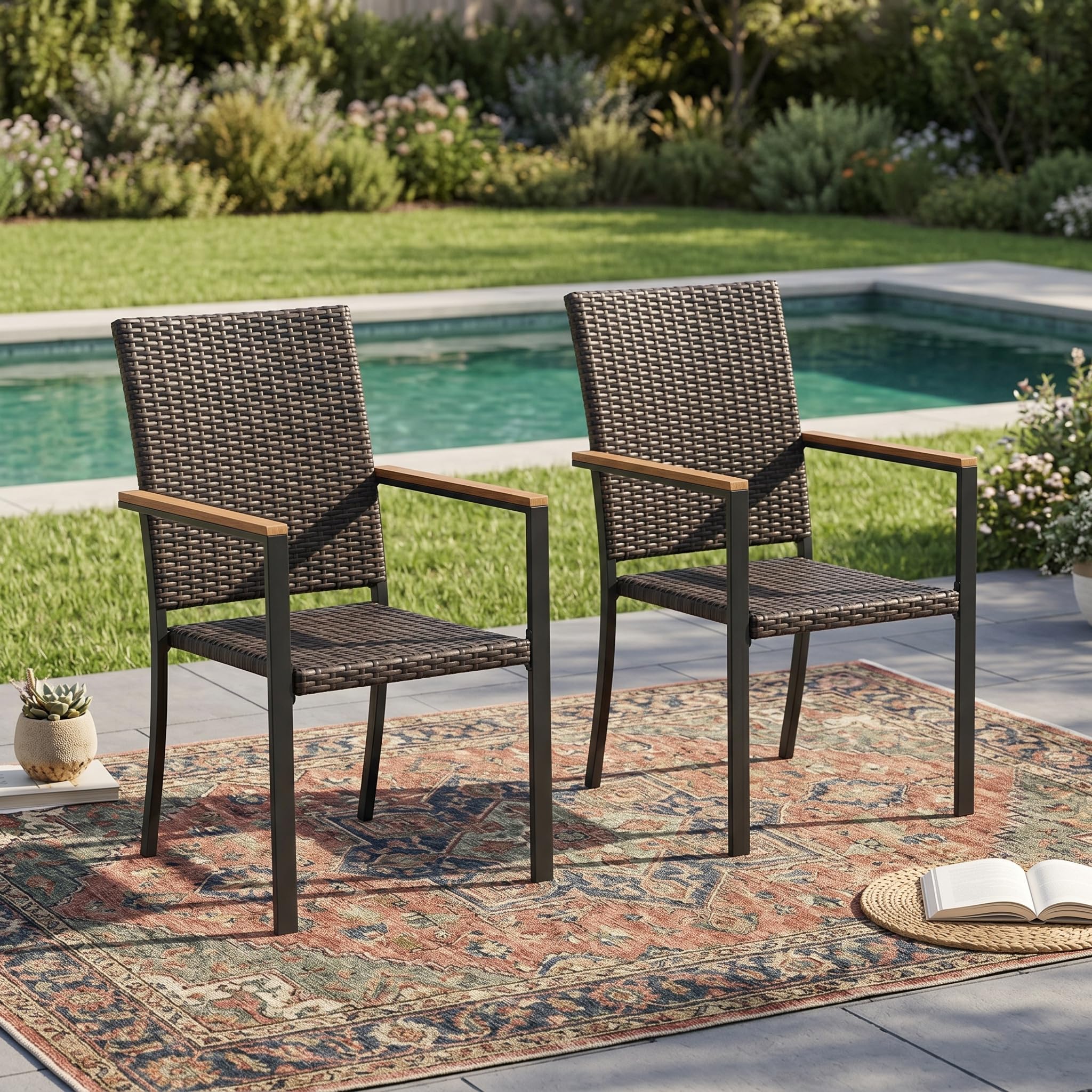 Patio Dining Chair Set of 2, Stackable Outdoor Wicker Chairs with Curved Armrest for Front Porch, Garden, Backyard, Walnut