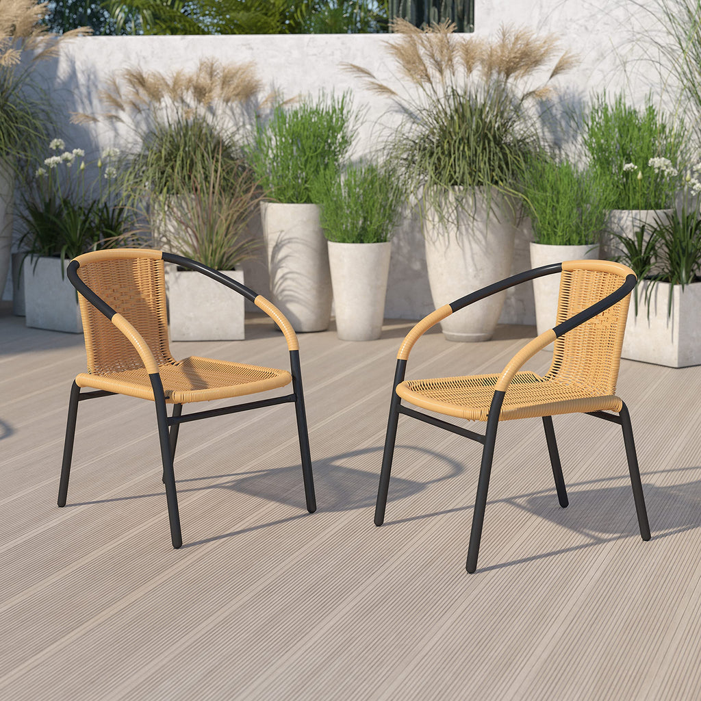EMMA + OLIVER Set of 2 Modern PE Rattan Stack Chairs, Indoor/Outdoor Patio Dining Chairs, No Assembly Required, Brown
