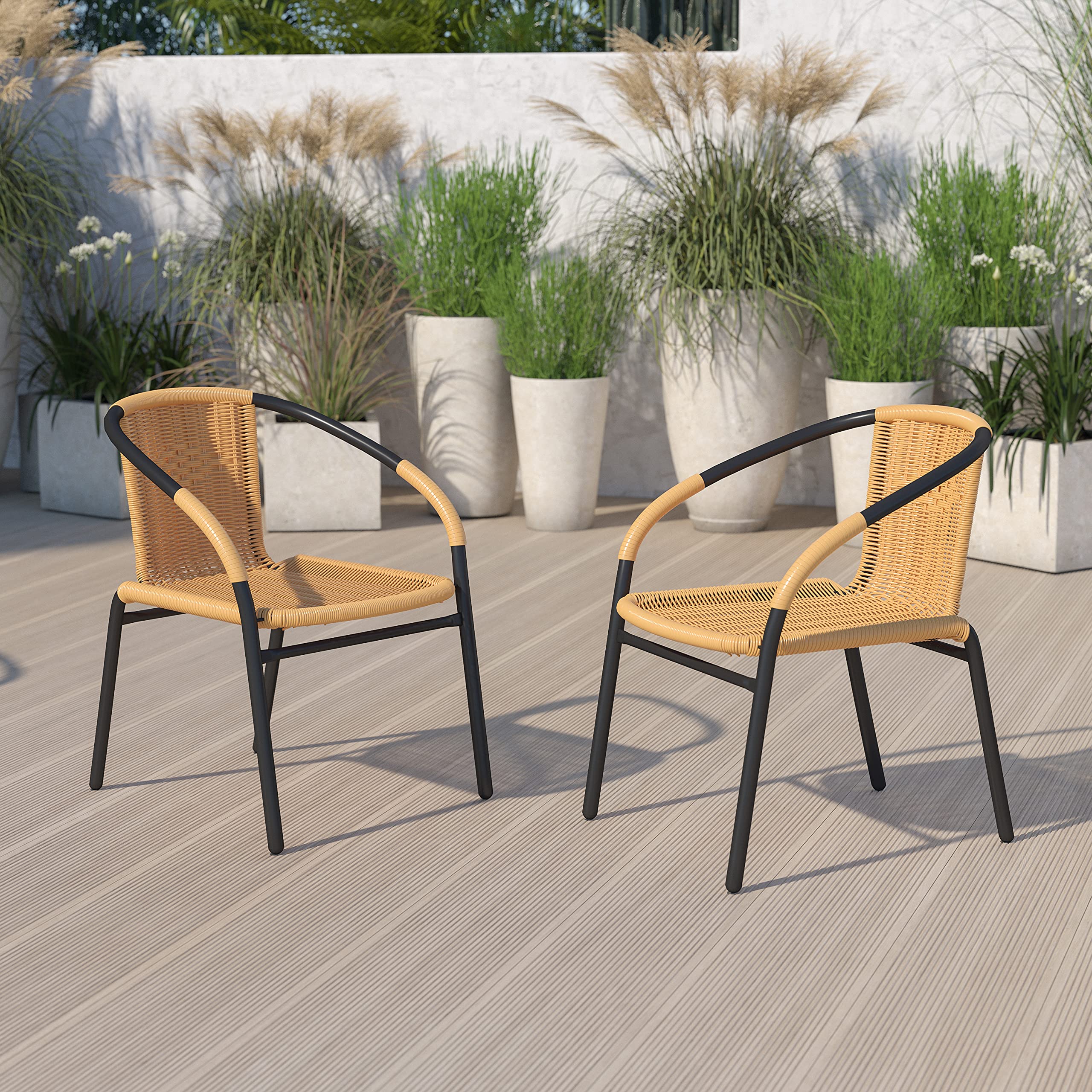 EMMA + OLIVER Set of 2 Modern PE Rattan Stack Chairs, Indoor/Outdoor Patio Dining Chairs, No Assembly Required, Brown