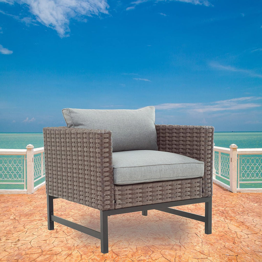LOKATSE Home Outdoor Patio Armchair Wicker Furniture Rattan Conversation Single Sofa Chair with Grey Cushion
