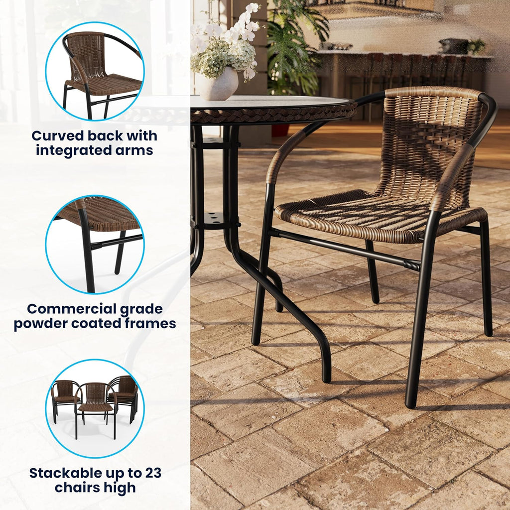 EMMA + OLIVER Set of 2 Modern PE Rattan Stack Chairs, Indoor/Outdoor Patio Dining Chairs, No Assembly Required, Brown