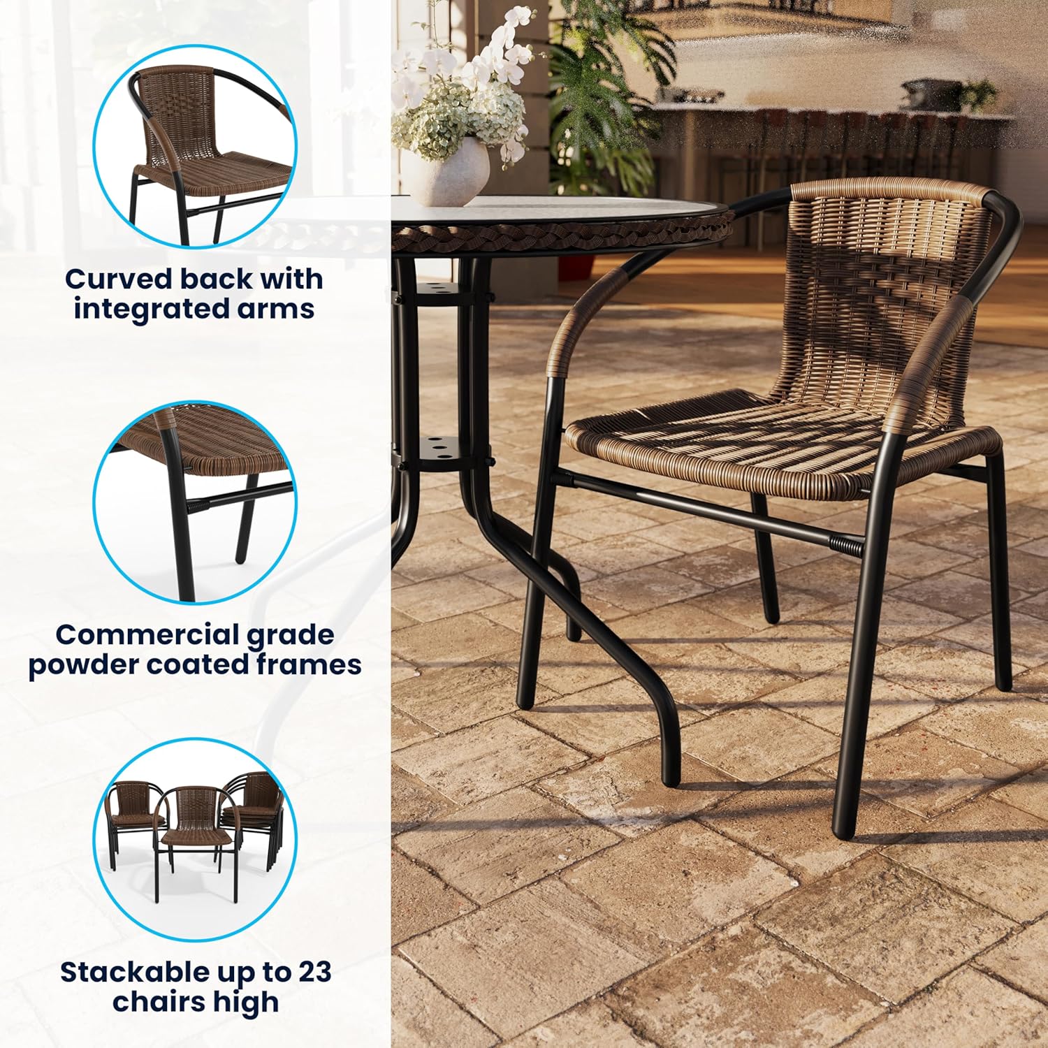 EMMA + OLIVER Set of 2 Modern PE Rattan Stack Chairs, Indoor/Outdoor Patio Dining Chairs, No Assembly Required, Brown
