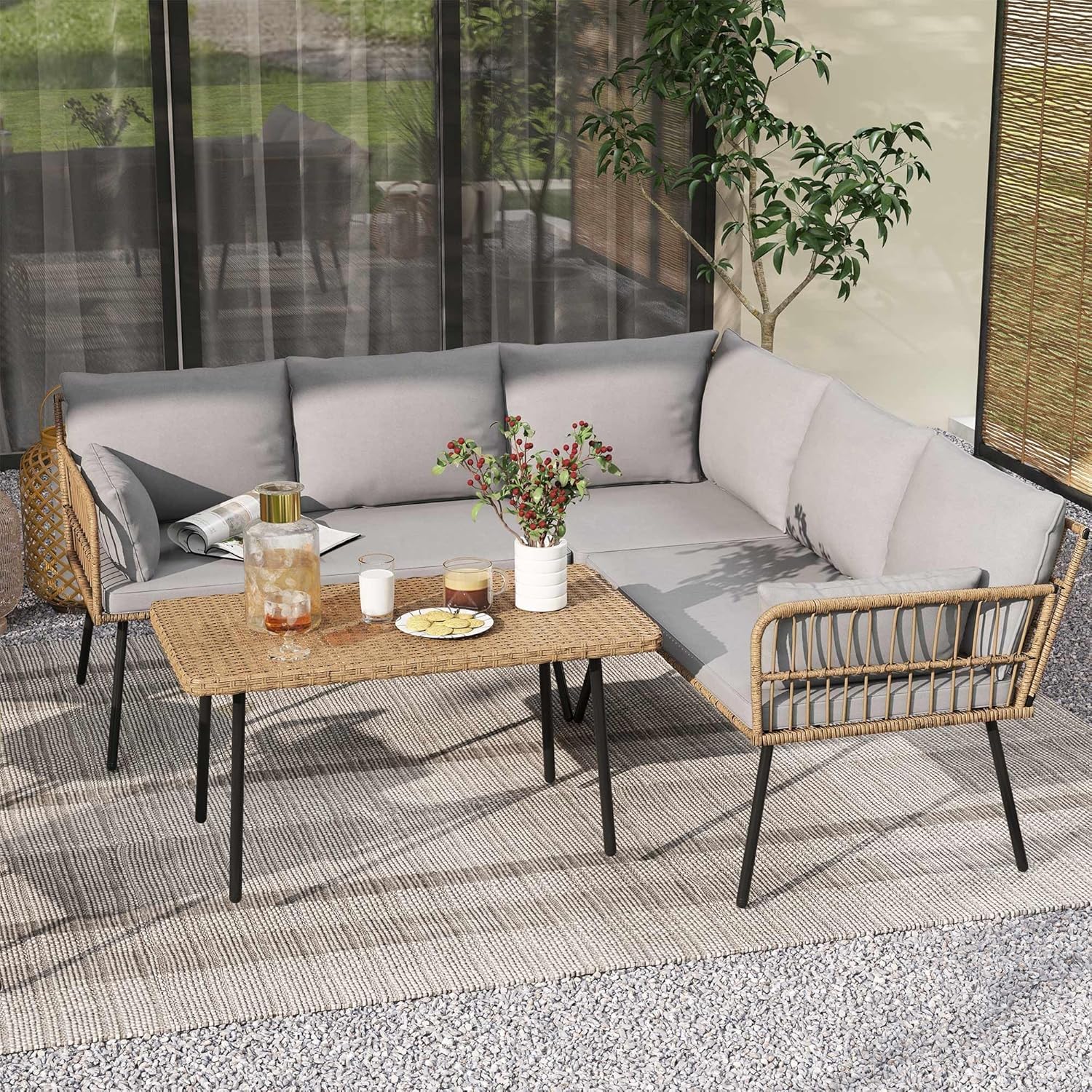 DWVO Wicker Sofa Chair, Single Bistro Armchair with Weatherproof Cushions, Outdoor Dining Chair for Outdoor, Indoor, Beige