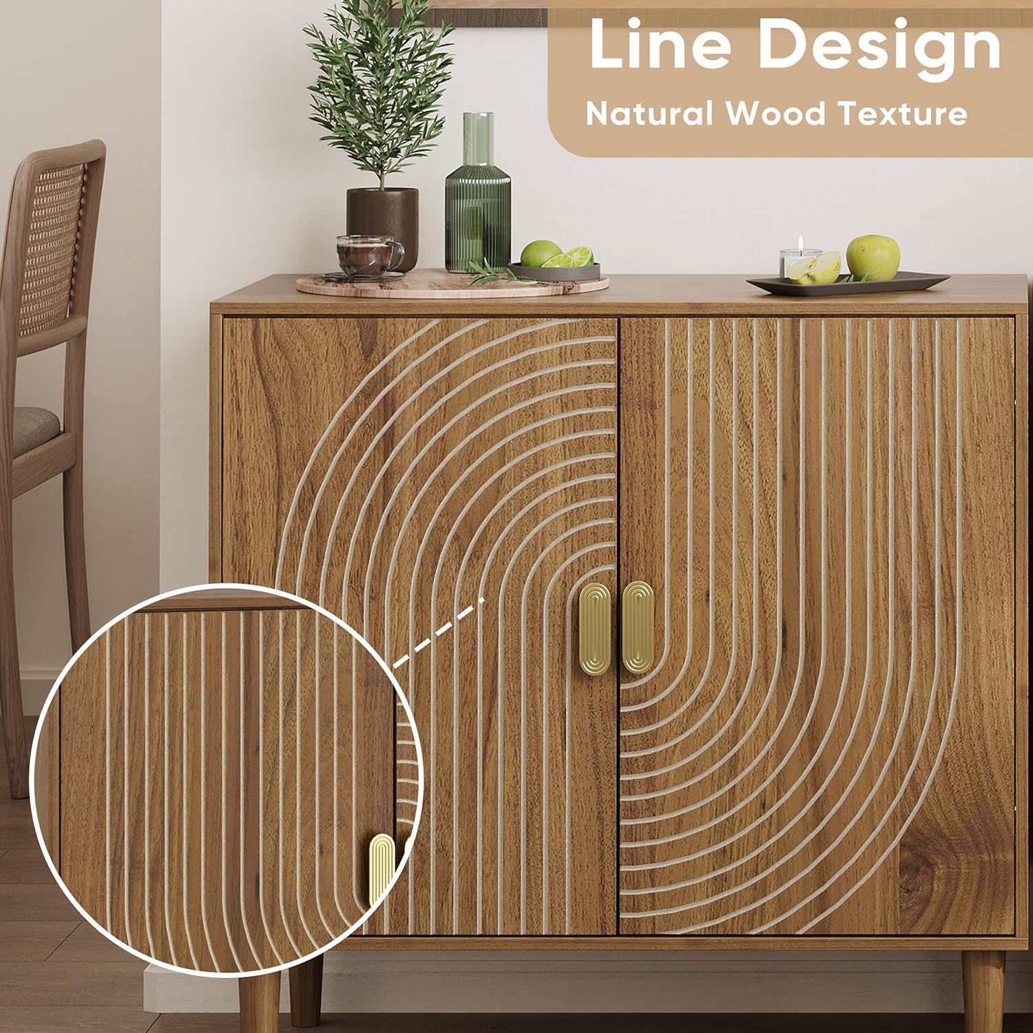 Smuxee Walnut Sideboard Cabinet, Freestanding Buffet Cabinet with Line Groove Design, Wood Storage Cabinet with Adjustable Shelf for Living Room, Entryway, Hallway