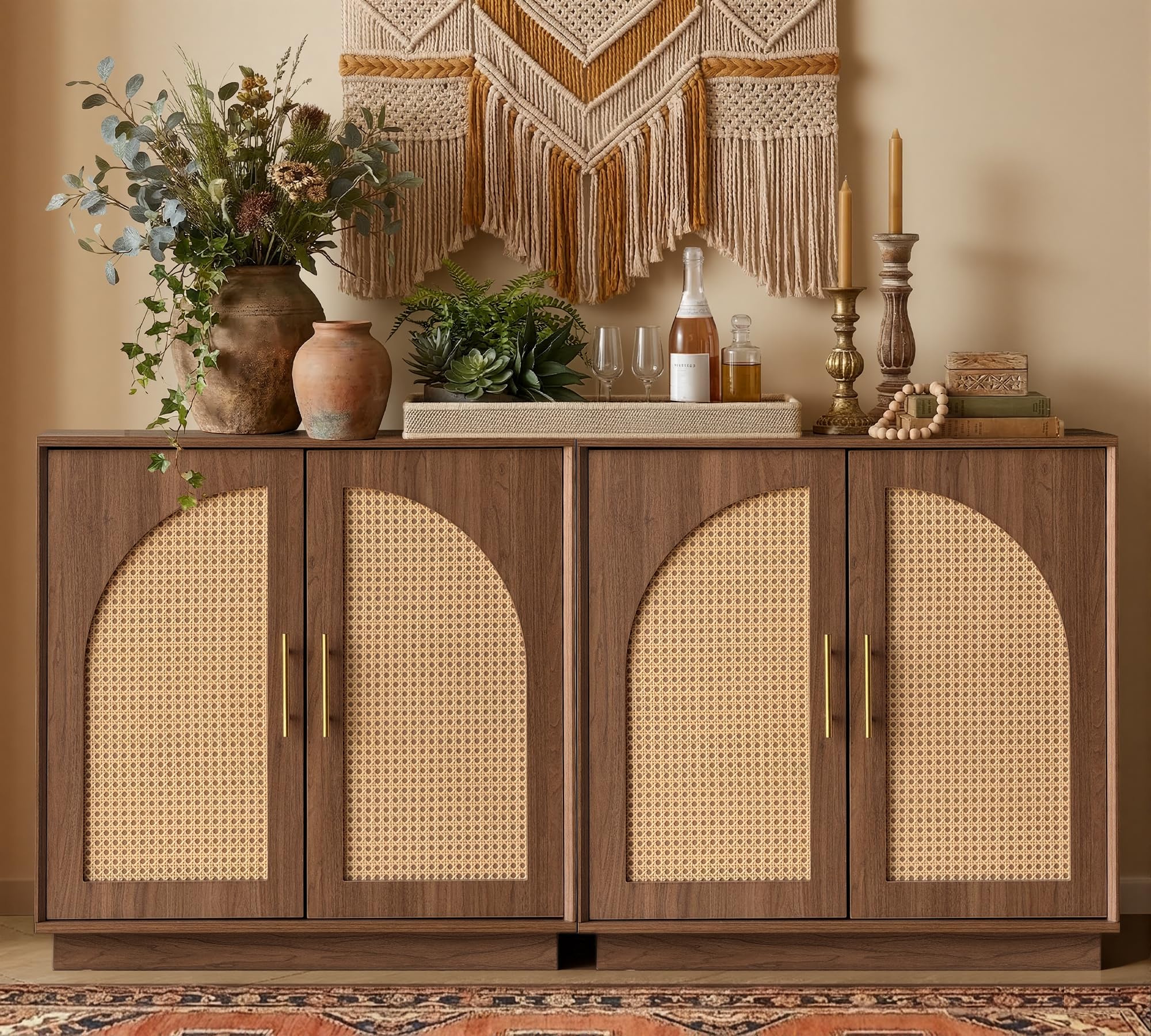 FORTUNETEC Sideboard Buffet Cabinet with Storage, Mid Century Modern Accent Cabinet with Arched Doors, Modular Media Console, Minimalist Credenza for Living Room Kitchen Dining Room Entryway, Walnut