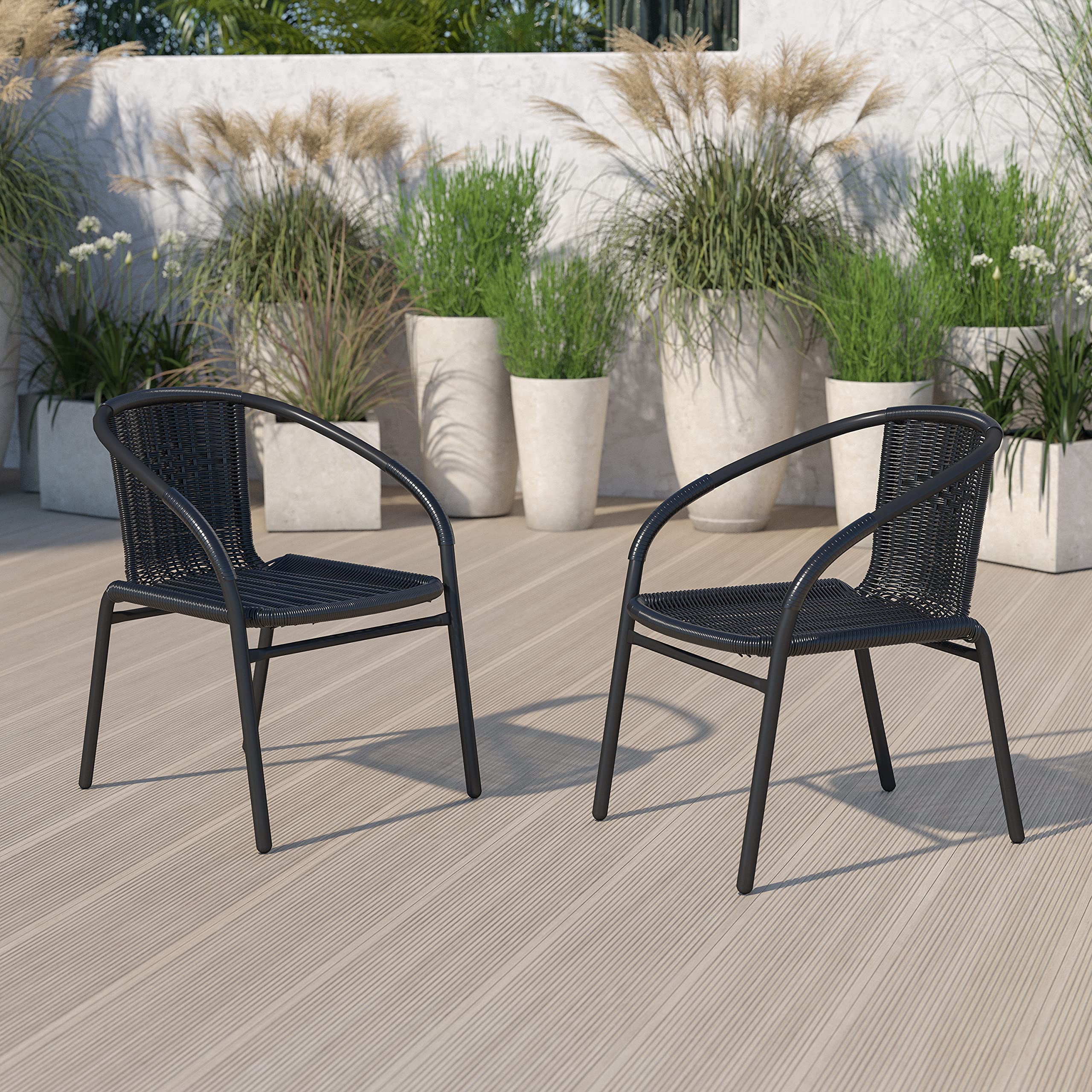 EMMA + OLIVER Set of 2 Modern PE Rattan Stack Chairs, Indoor/Outdoor Patio Dining Chairs, No Assembly Required, Brown