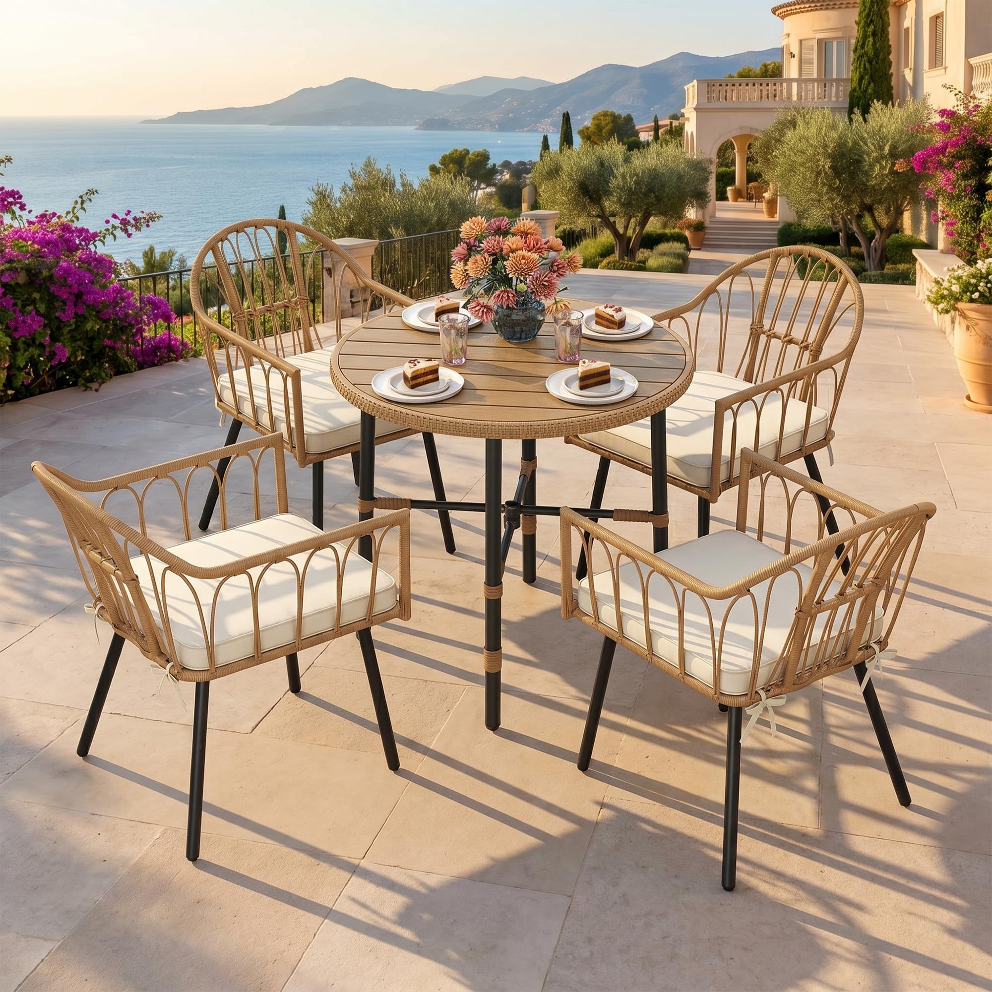 DWVO Wicker Sofa Chair, Single Bistro Armchair with Weatherproof Cushions, Outdoor Dining Chair for Outdoor, Indoor, Beige