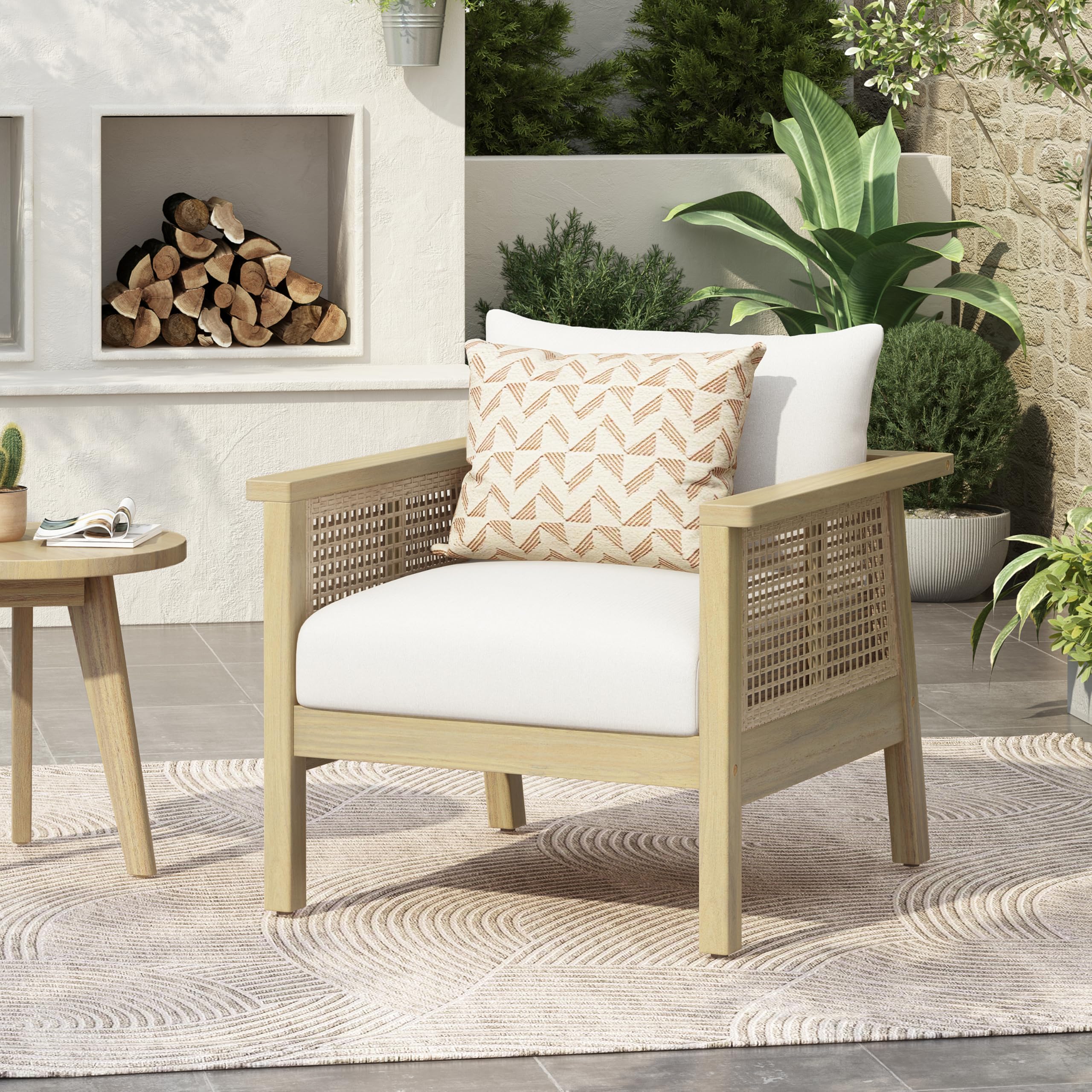 Light Teak Finish Single Patio Club Chair Waterproof Removable Cushion