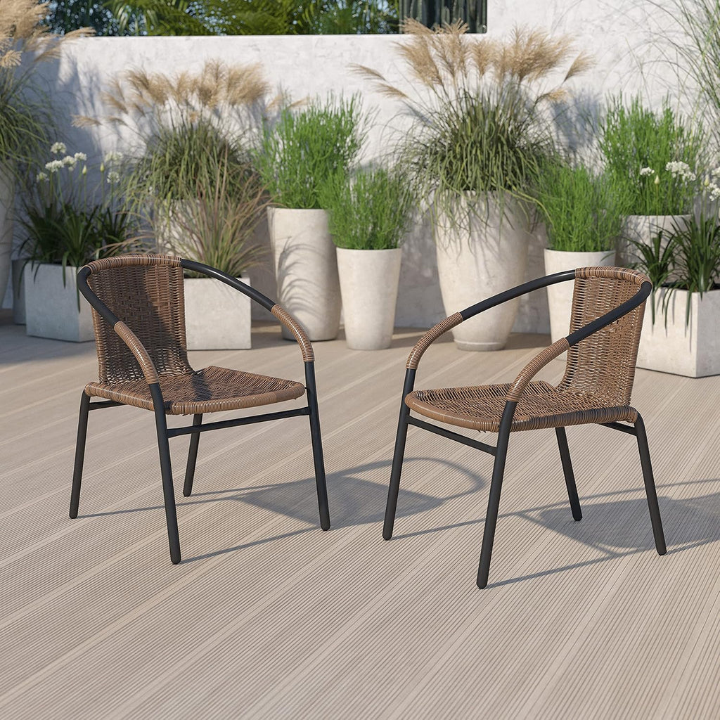 EMMA + OLIVER Set of 2 Modern PE Rattan Stack Chairs, Indoor/Outdoor Patio Dining Chairs, No Assembly Required, Brown