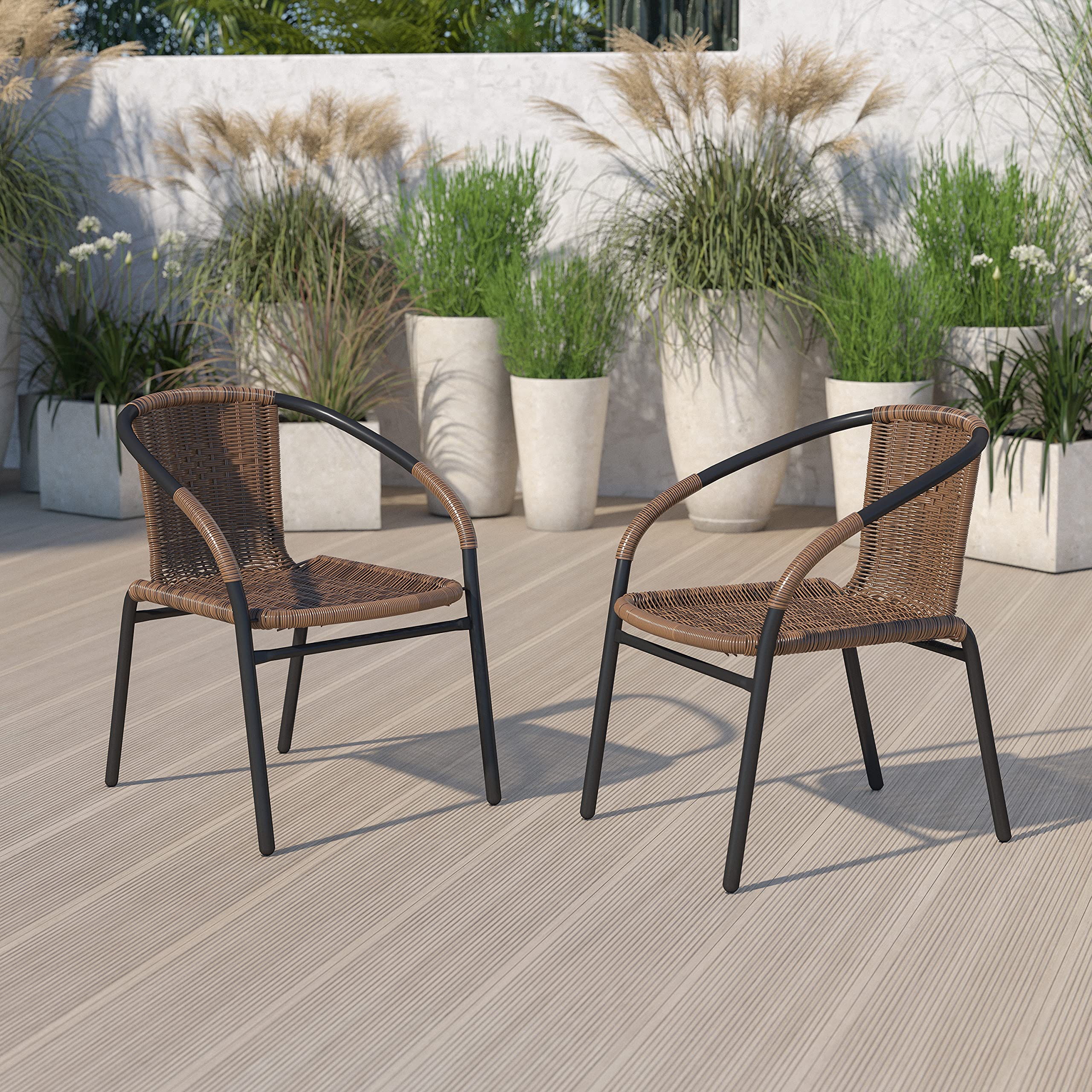 EMMA + OLIVER Set of 2 Modern PE Rattan Stack Chairs, Indoor/Outdoor Patio Dining Chairs, No Assembly Required, Brown