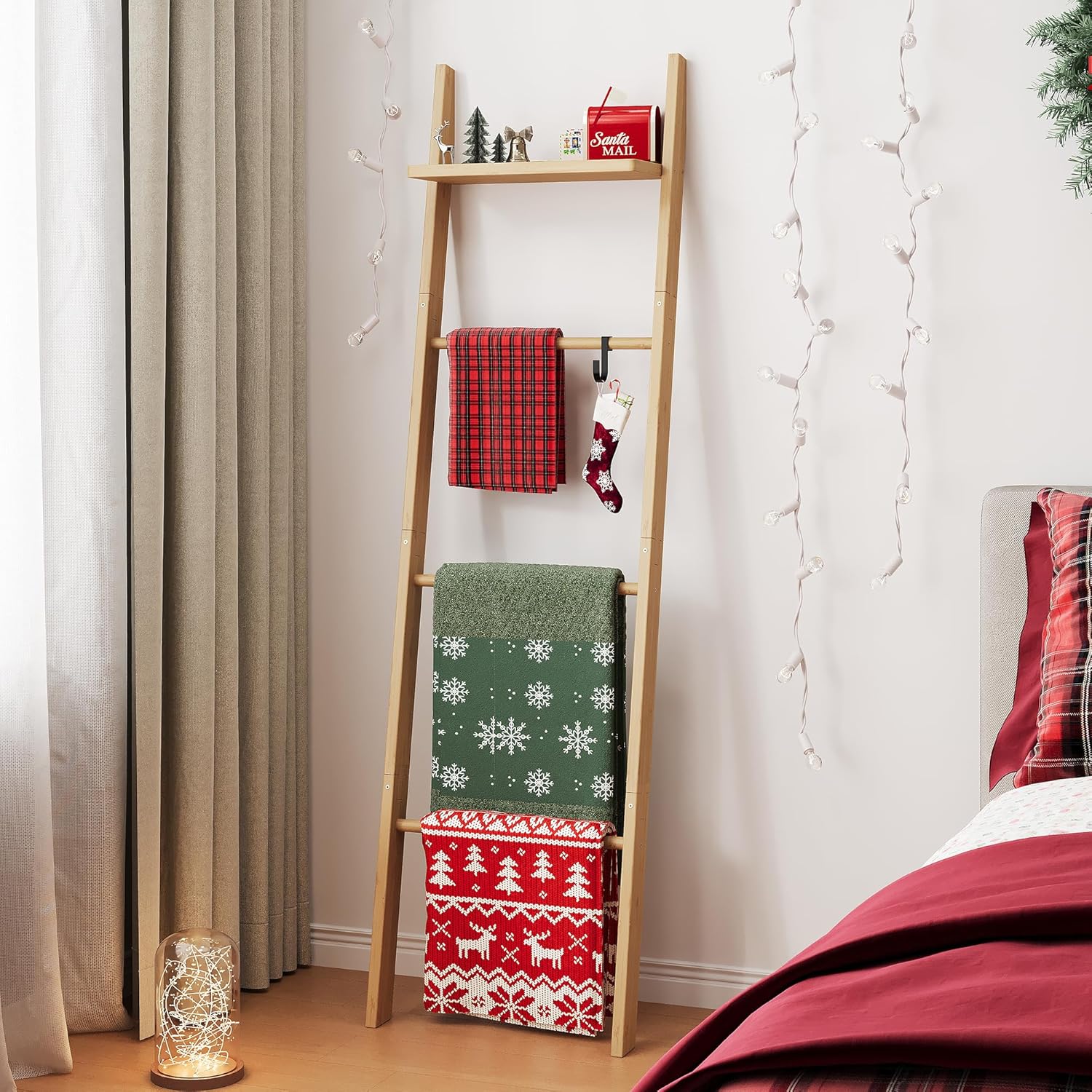 Farmhouse Leaning Bamboo Quilt Rack with Storage Shelf for Bathroom Bedroom