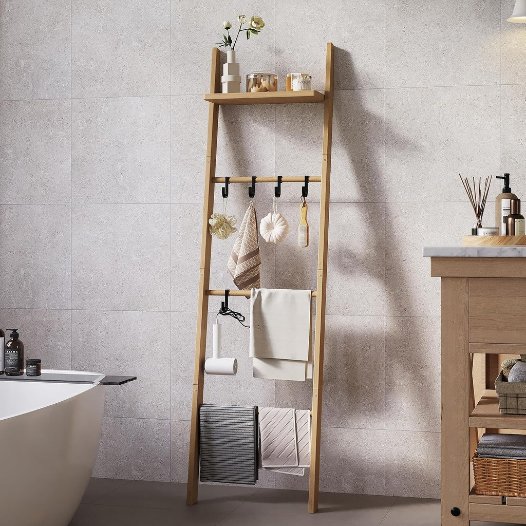 Farmhouse Leaning Bamboo Quilt Rack with Storage Shelf for Bathroom Bedroom