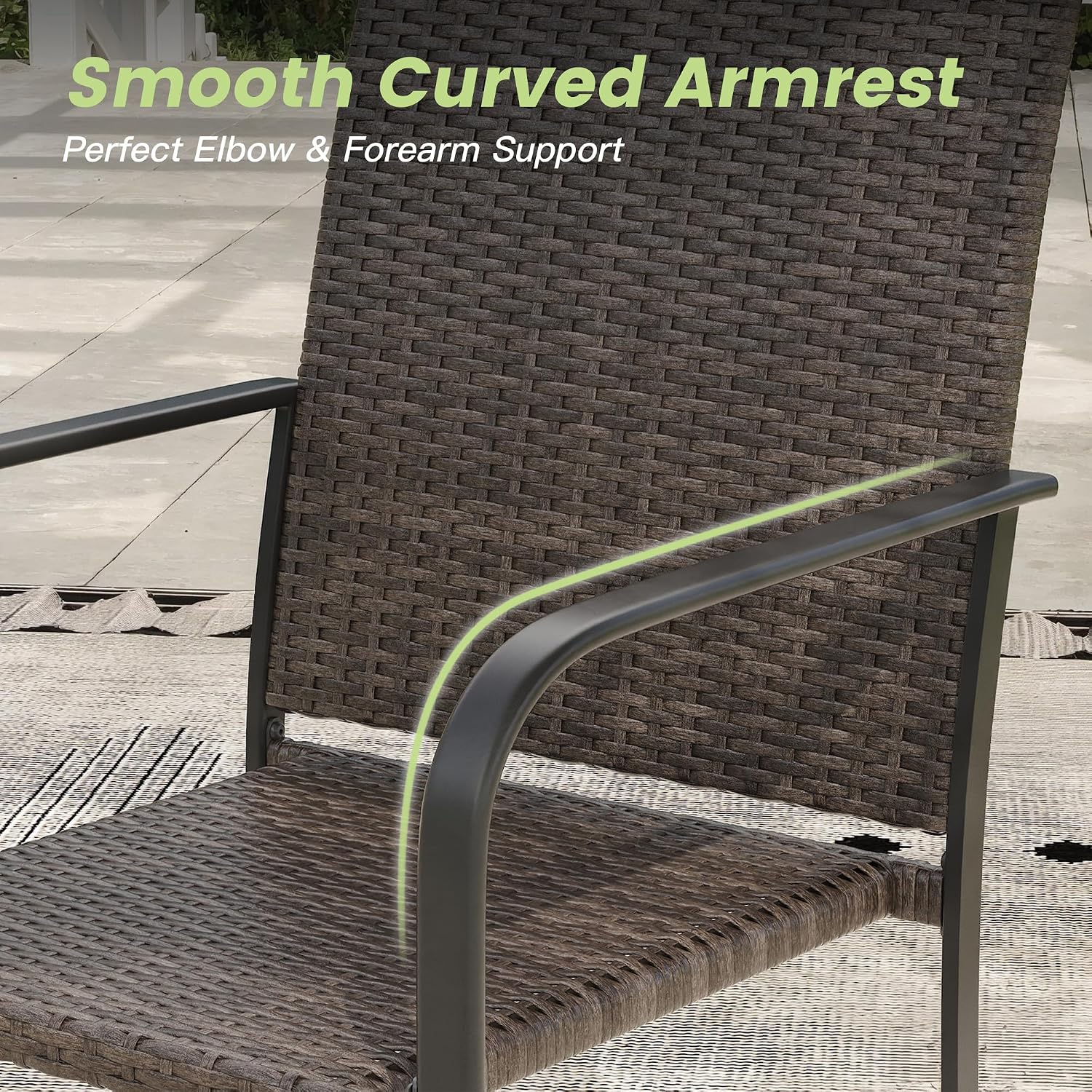 Patio Dining Chair Set of 2, Stackable Outdoor Wicker Chairs with Curved Armrest for Front Porch, Garden, Backyard, Walnut