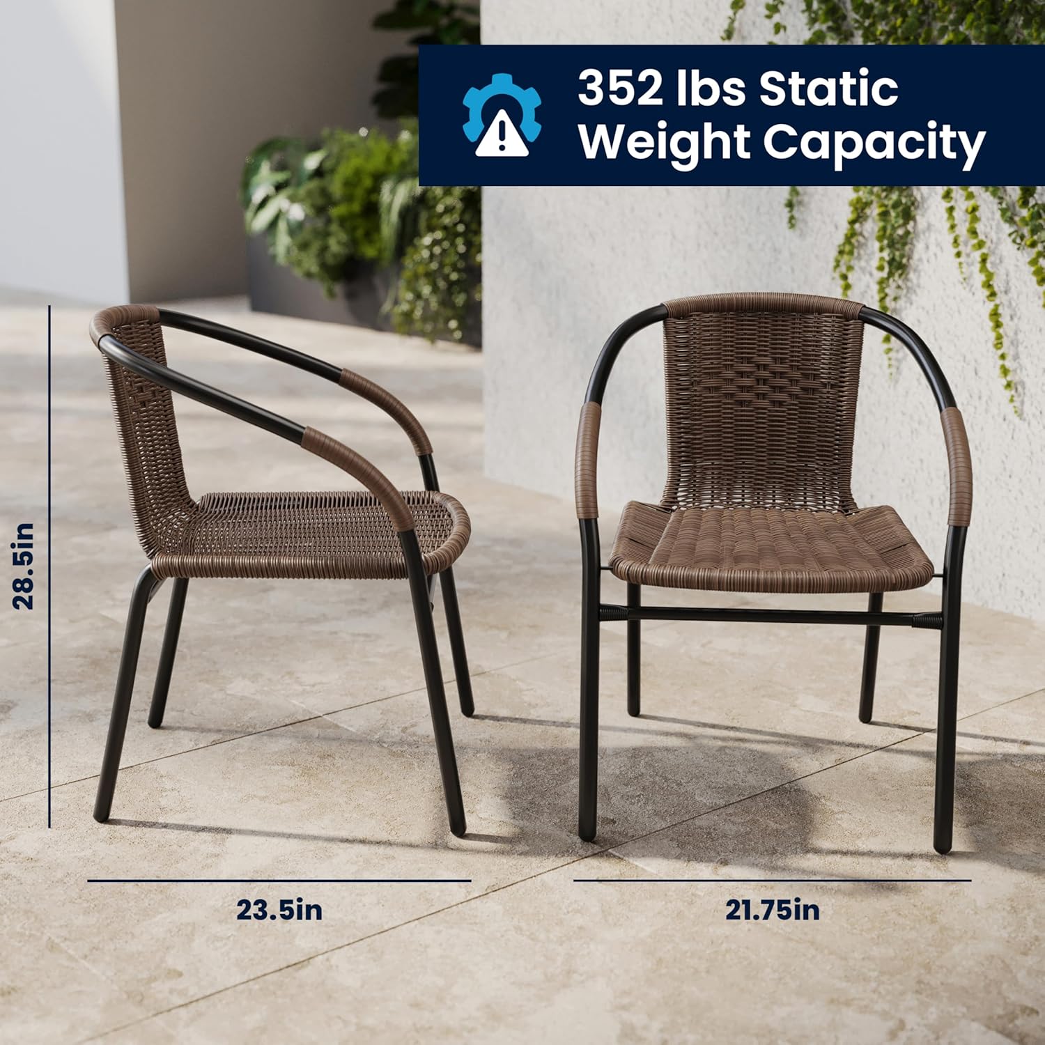 EMMA + OLIVER Set of 2 Modern PE Rattan Stack Chairs, Indoor/Outdoor Patio Dining Chairs, No Assembly Required, Brown