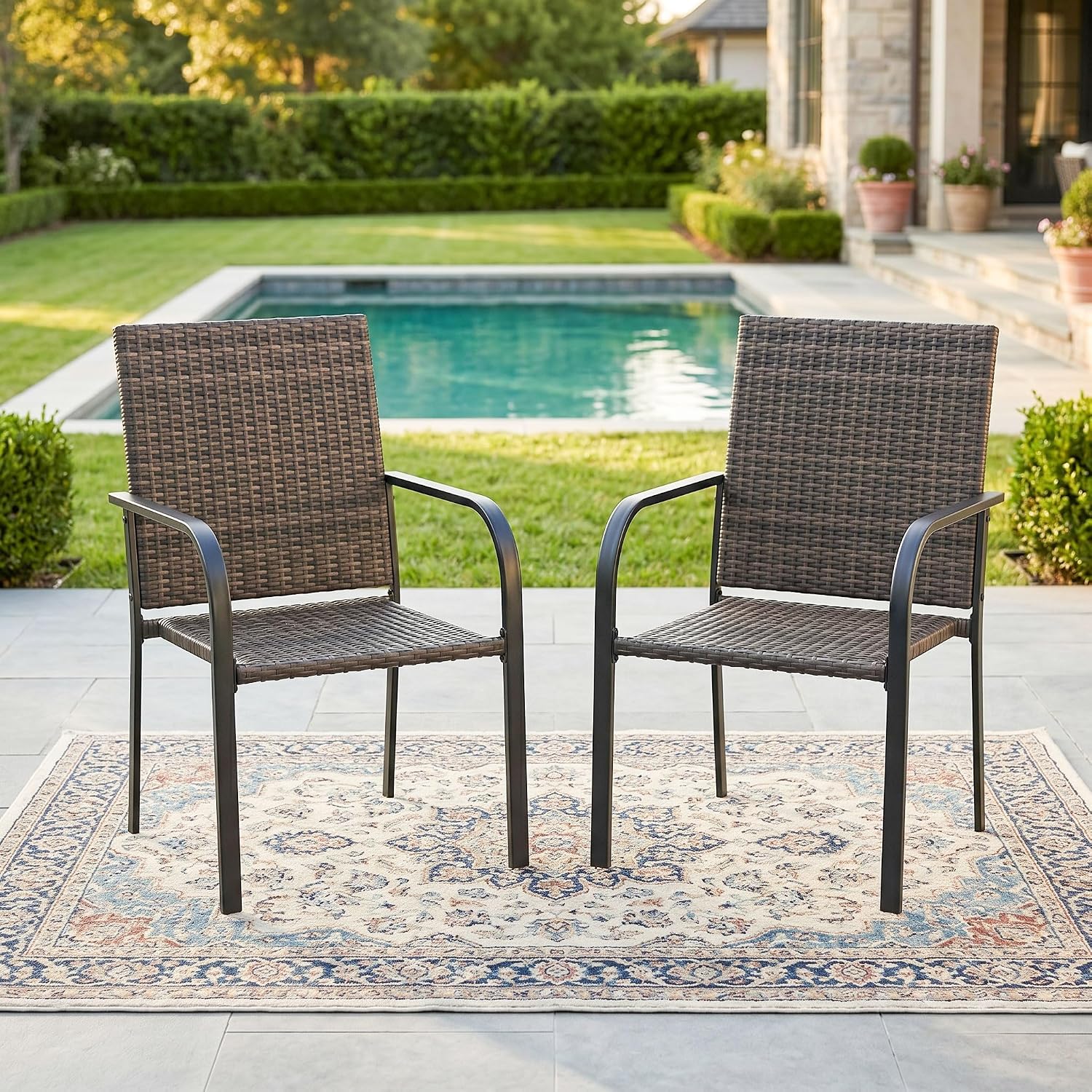 Patio Dining Chair Set of 2, Stackable Outdoor Wicker Chairs with Curved Armrest for Front Porch, Garden, Backyard, Walnut