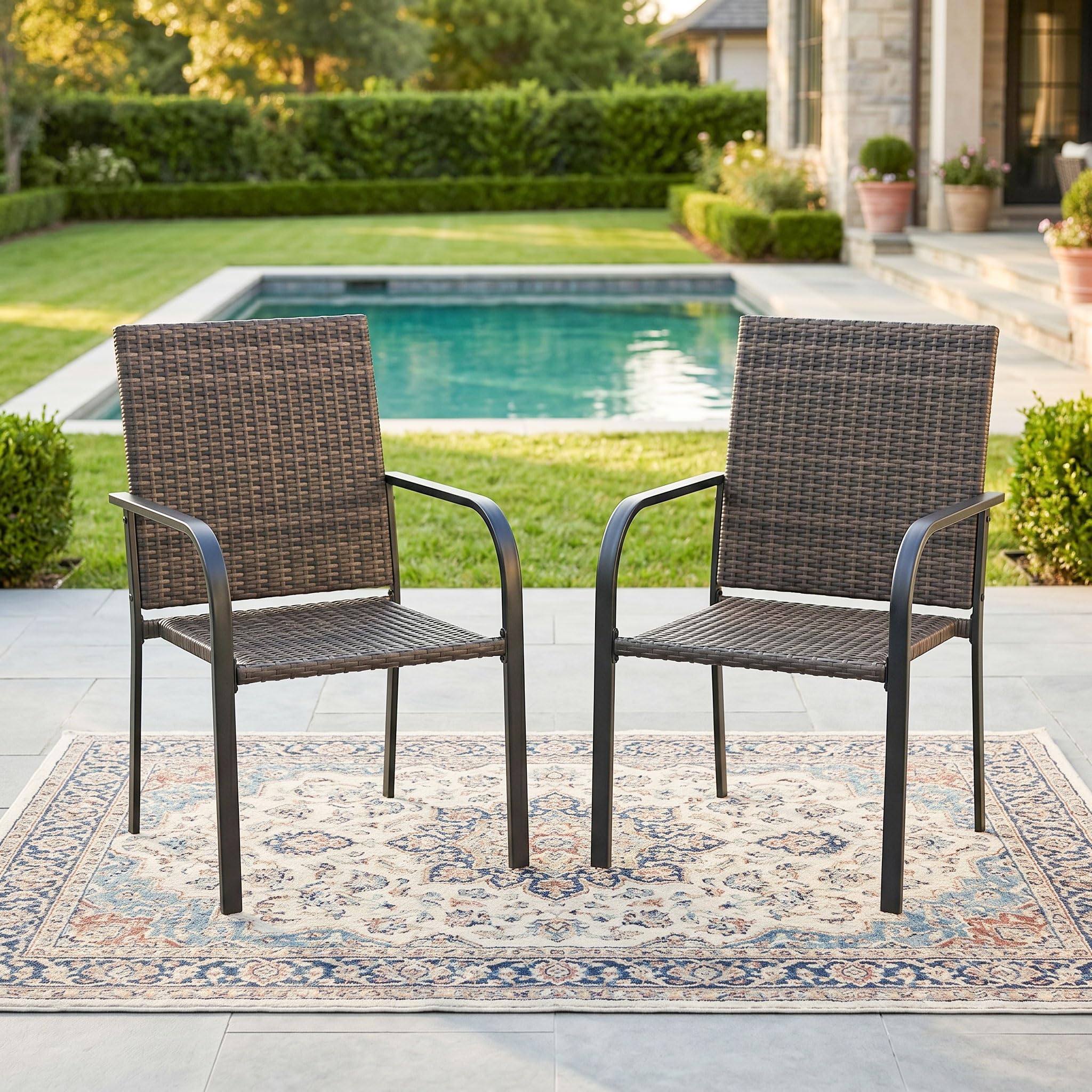 Patio Dining Chair Set of 2, Stackable Outdoor Wicker Chairs with Curved Armrest for Front Porch, Garden, Backyard, Walnut