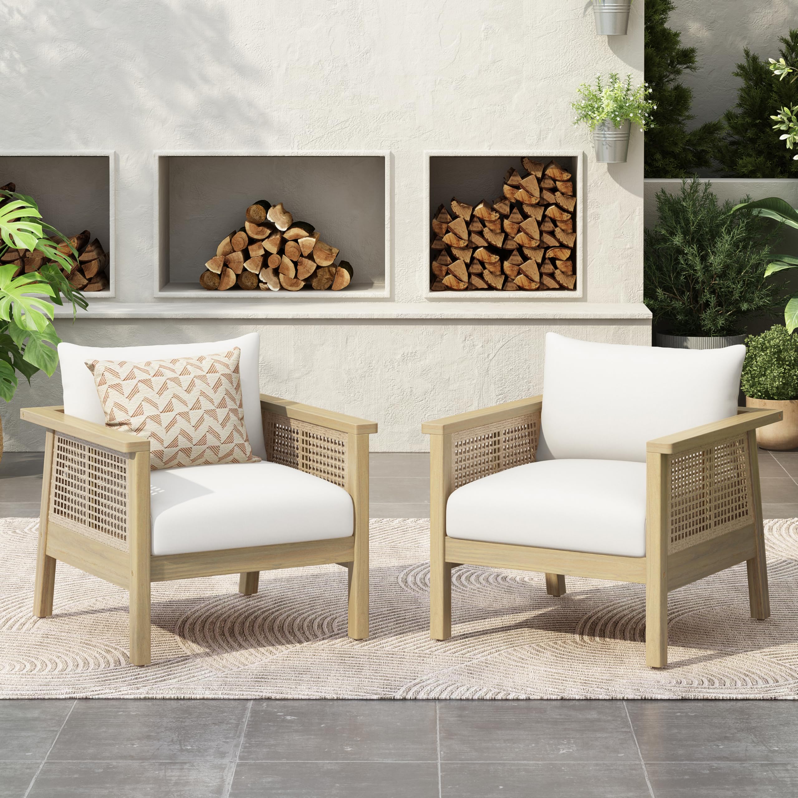 Light Teak Finish Single Patio Club Chair Waterproof Removable Cushion