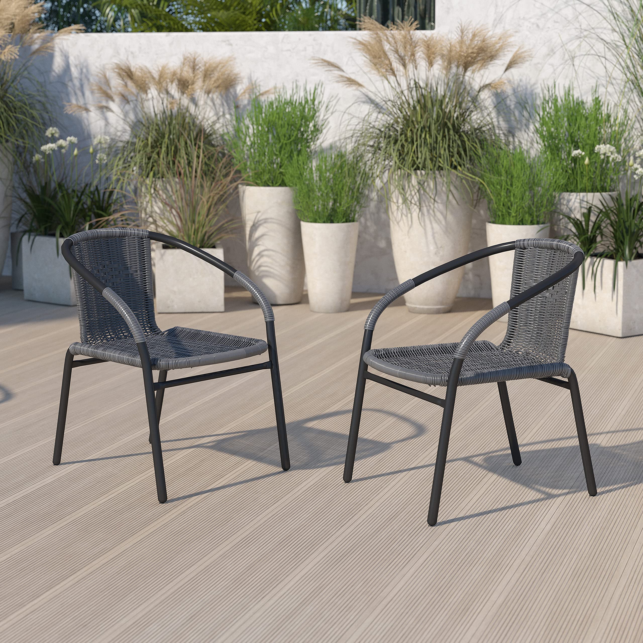 EMMA + OLIVER Set of 2 Modern PE Rattan Stack Chairs, Indoor/Outdoor Patio Dining Chairs, No Assembly Required, Brown