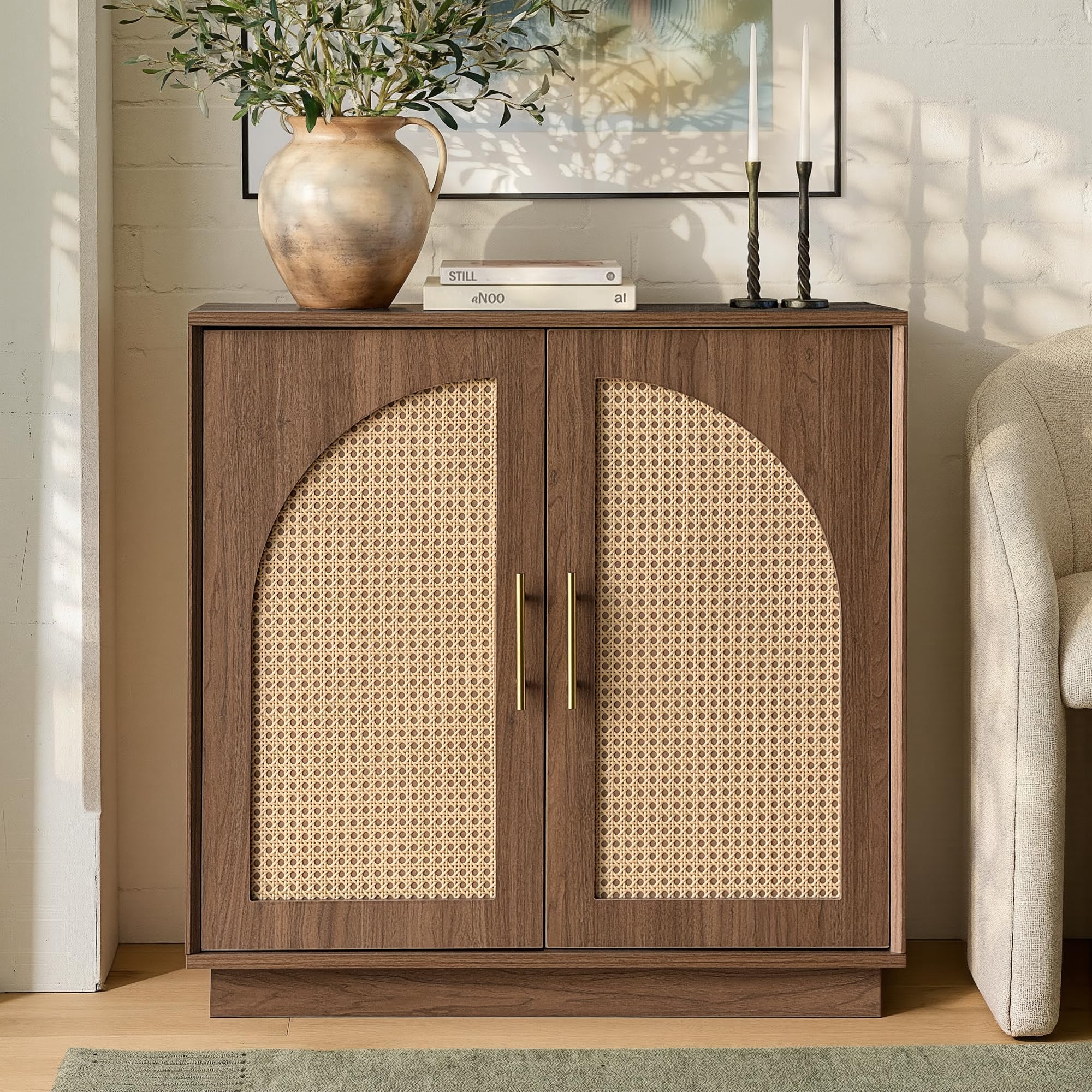 FORTUNETEC Sideboard Buffet Cabinet with Storage, Mid Century Modern Accent Cabinet with Arched Doors, Modular Media Console, Minimalist Credenza for Living Room Kitchen Dining Room Entryway, Walnut