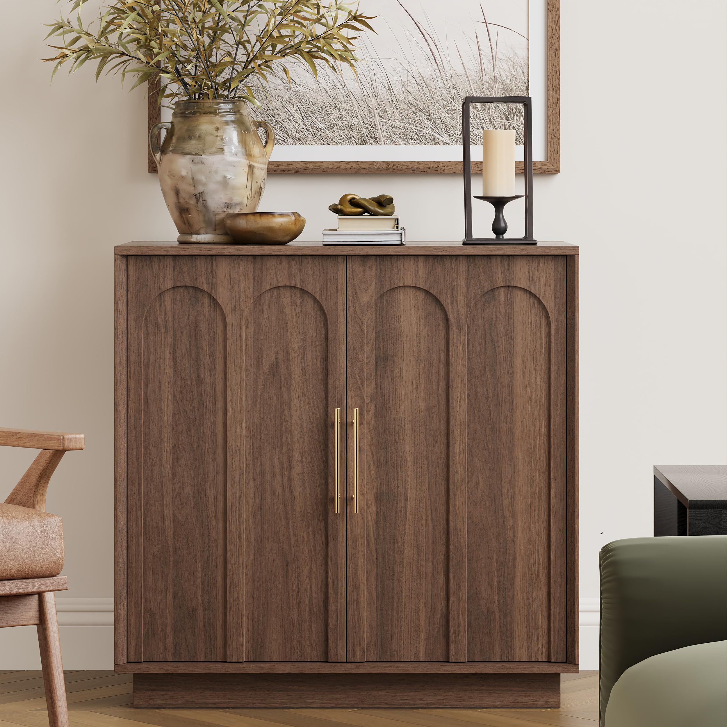 FORTUNETEC Sideboard Buffet Cabinet with Storage, Mid Century Modern Accent Cabinet with Arched Doors, Modular Media Console, Minimalist Credenza for Living Room Kitchen Dining Room Entryway, Walnut