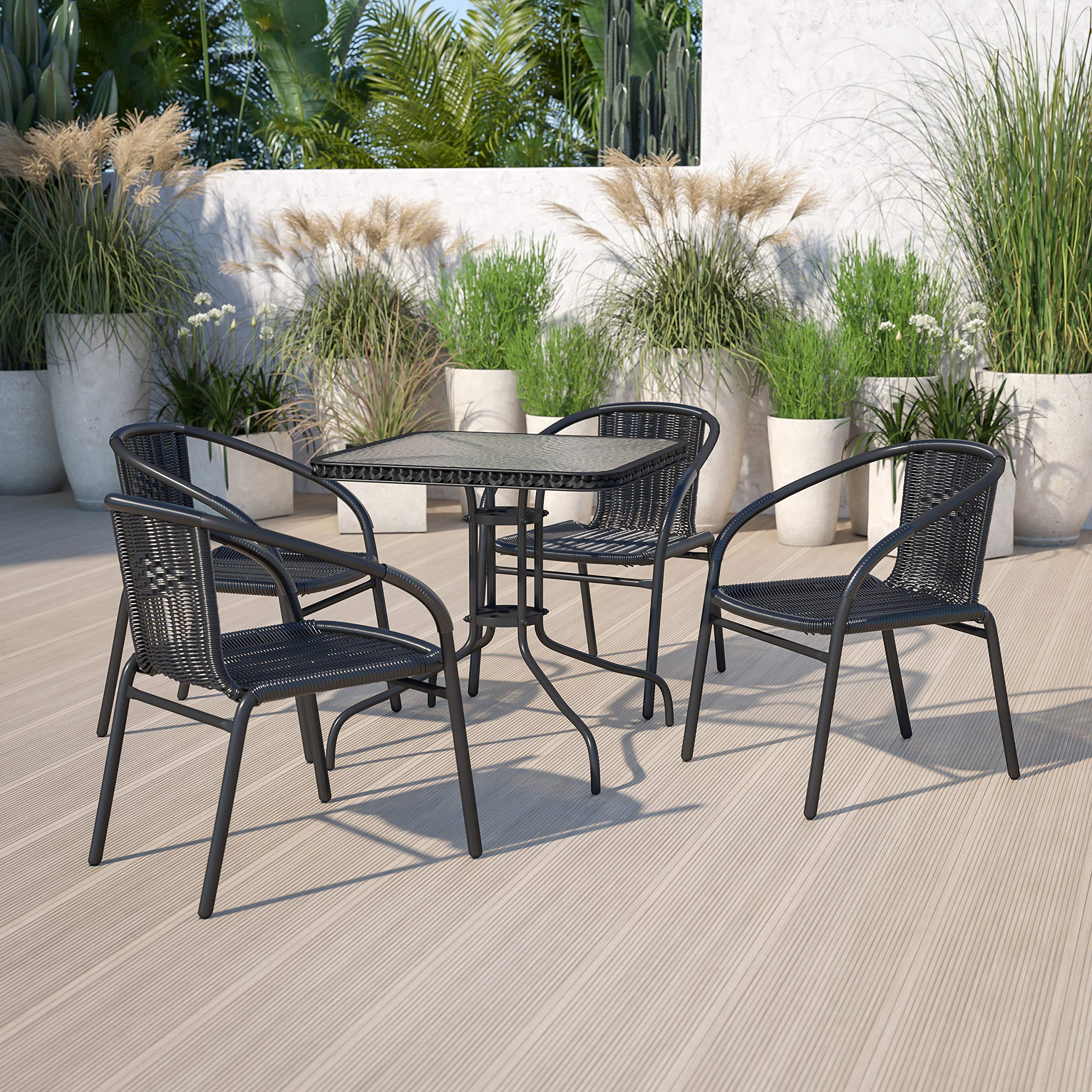 EMMA + OLIVER Set of 2 Modern PE Rattan Stack Chairs, Indoor/Outdoor Patio Dining Chairs, No Assembly Required, Brown