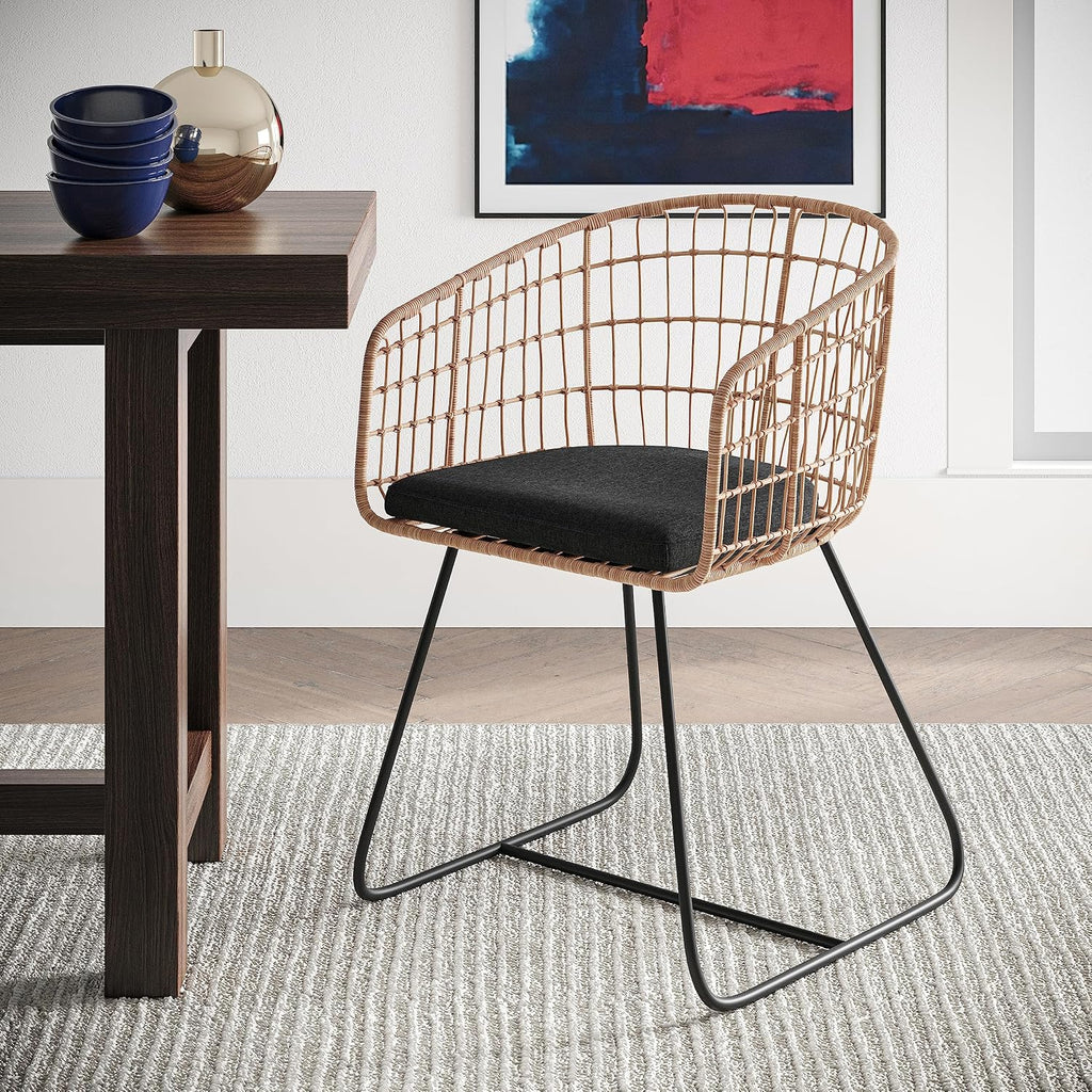 Tommy Hilfiger Graham Rattan Dining Chair, Woven Wicker Armchair with Black Cushion and Metal Legs, Boho Modern Accent Chair for Dining Room, Living Room or Office, Natural