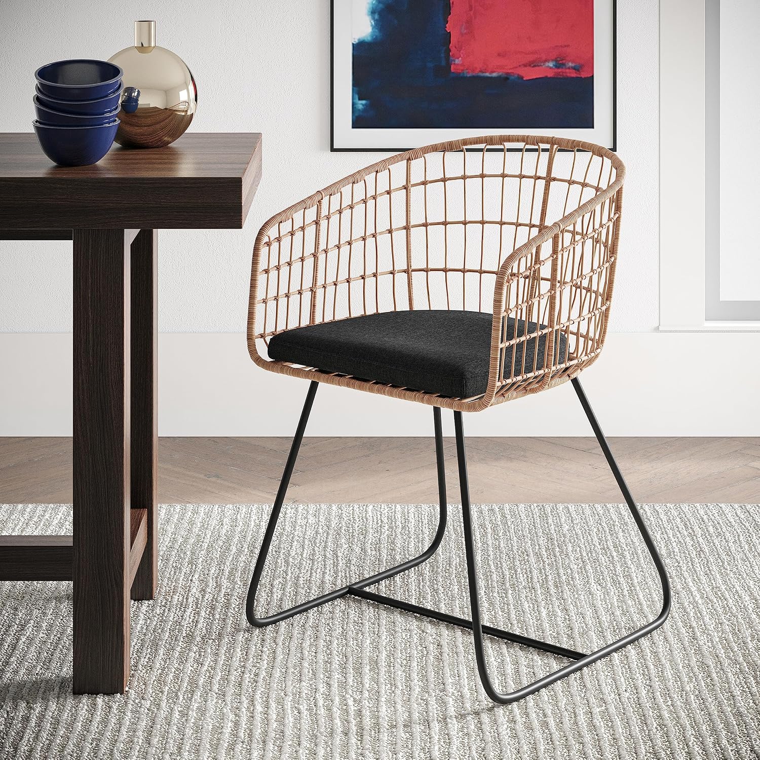 Tommy Hilfiger Graham Rattan Dining Chair, Woven Wicker Armchair with Black Cushion and Metal Legs, Boho Modern Accent Chair for Dining Room, Living Room or Office, Natural
