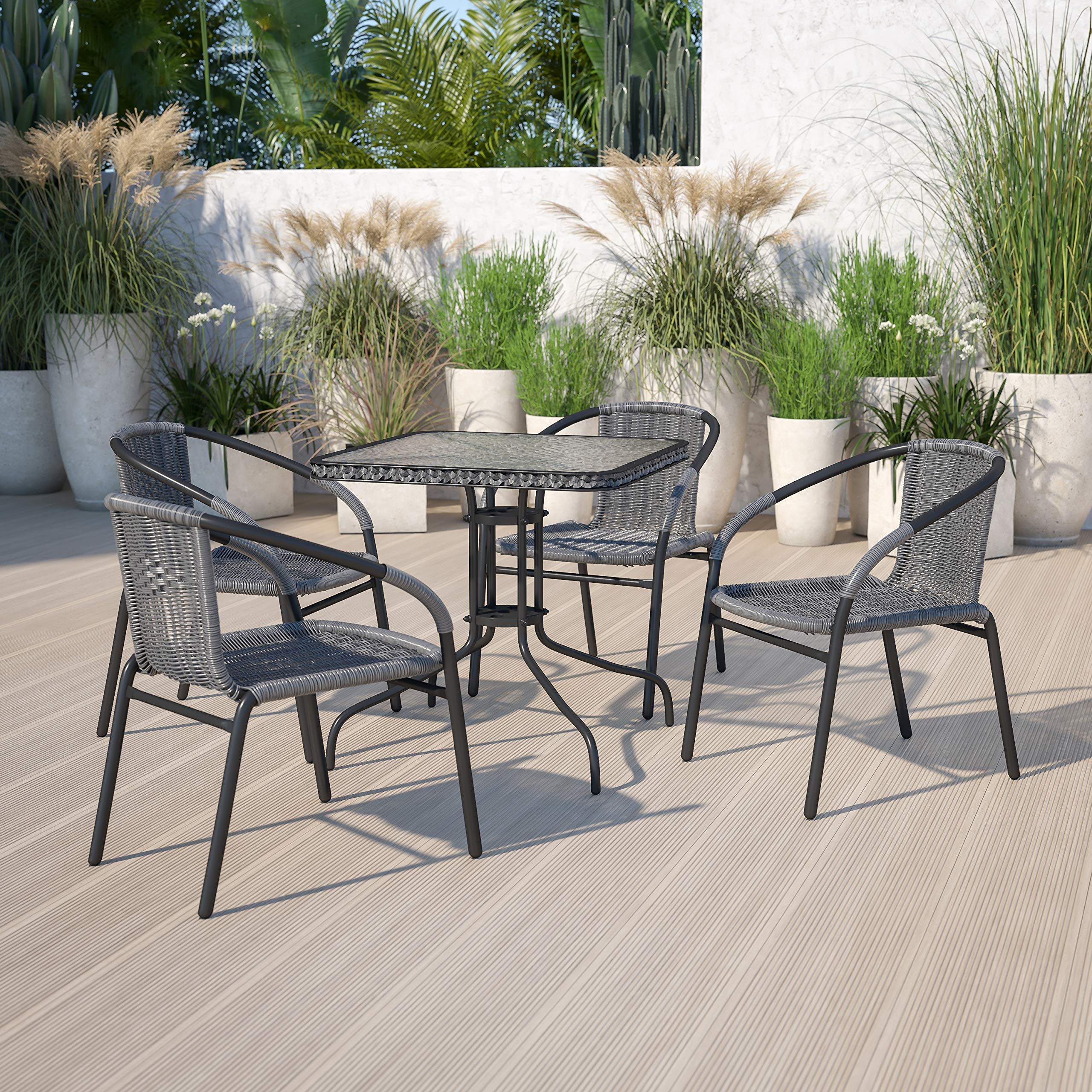 EMMA + OLIVER Set of 2 Modern PE Rattan Stack Chairs, Indoor/Outdoor Patio Dining Chairs, No Assembly Required, Brown