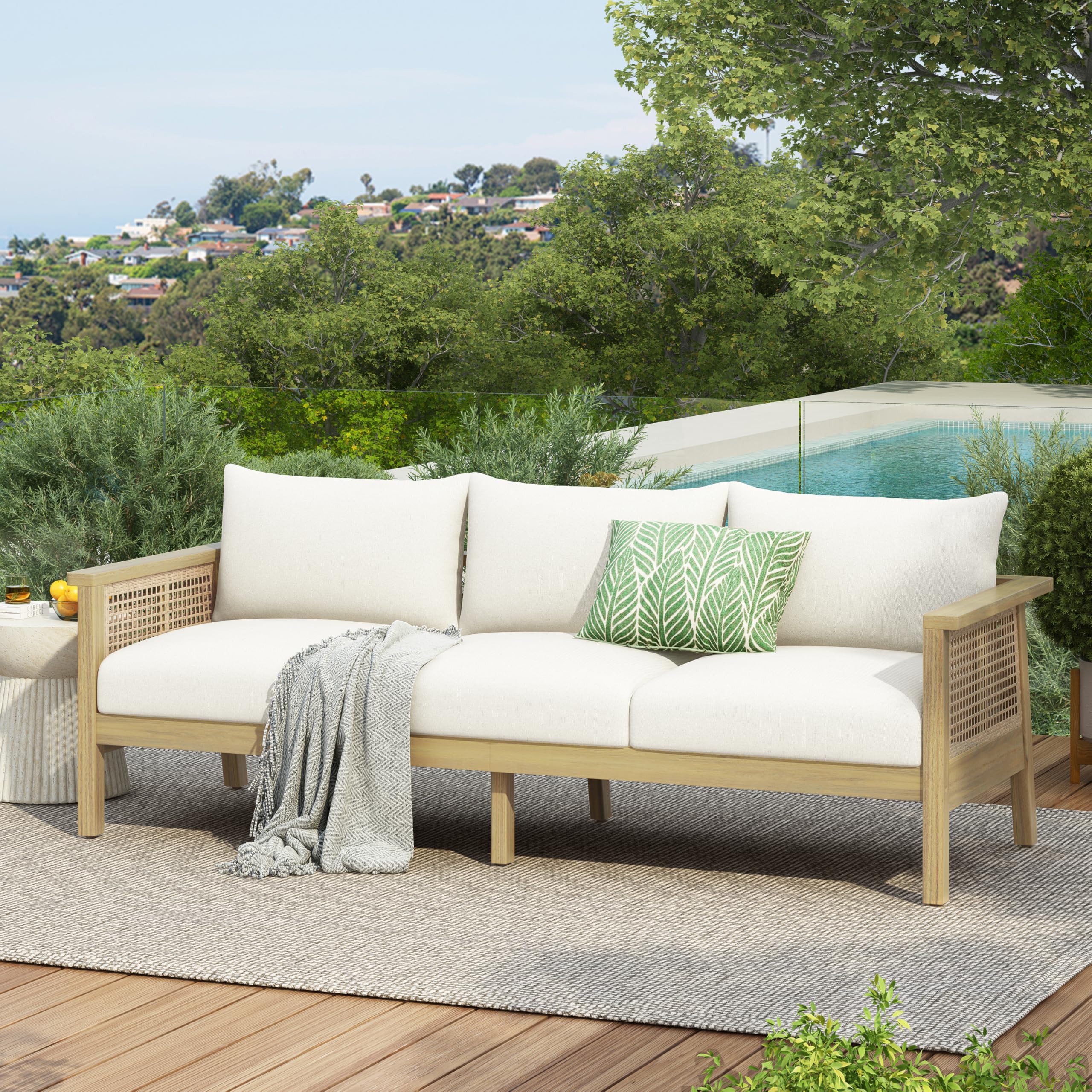 Light Teak Finish Single Patio Club Chair Waterproof Removable Cushion