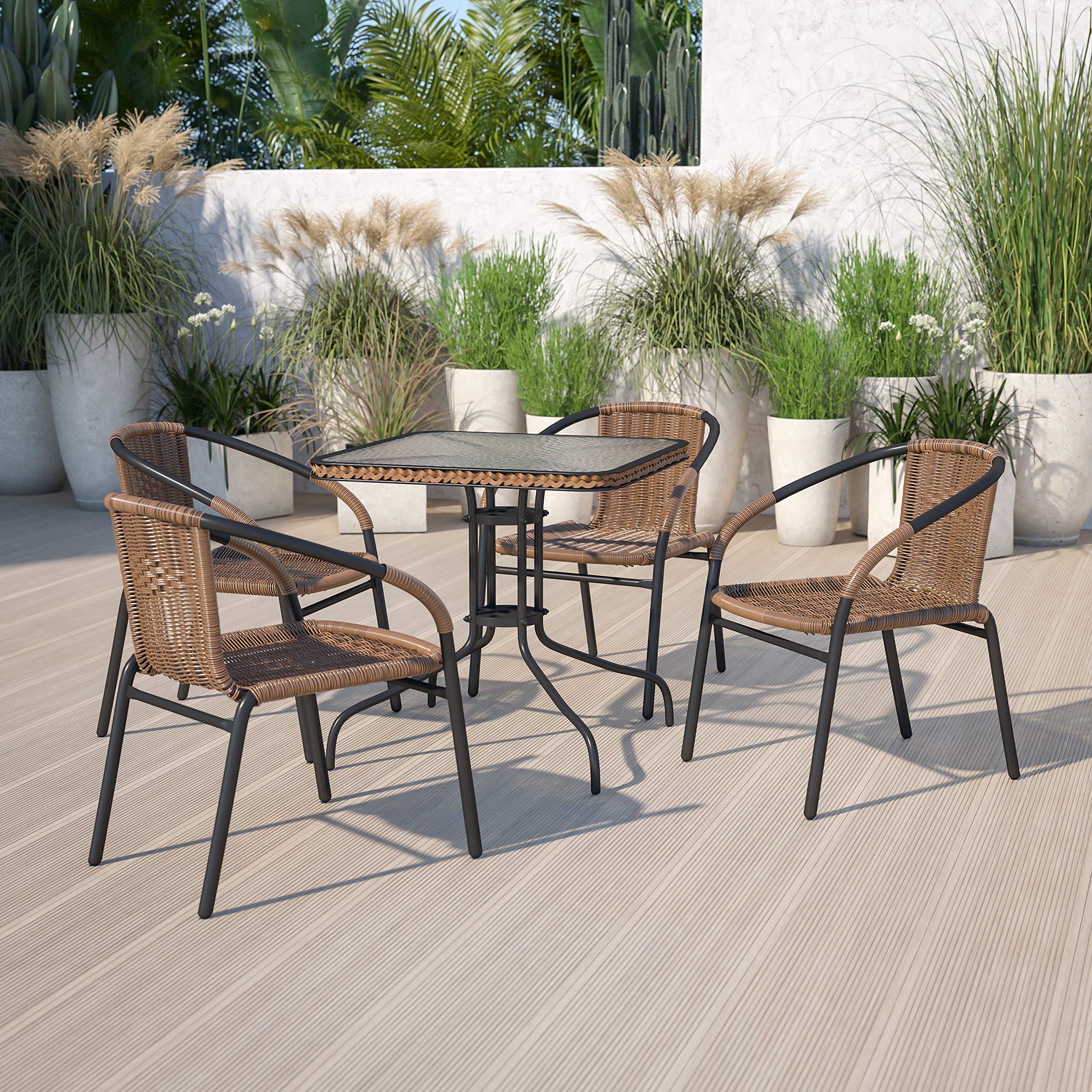 EMMA + OLIVER Set of 2 Modern PE Rattan Stack Chairs, Indoor/Outdoor Patio Dining Chairs, No Assembly Required, Brown